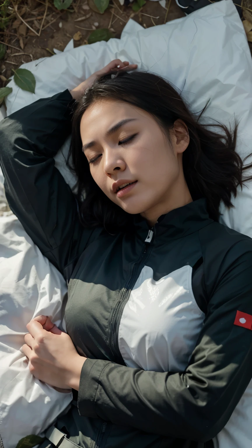 a young chinese woman, furrowed eyebrows, closing eyes, open mouth, face facing upwards. in full equipment (Modern Infantry Combat Gear). holding her suit. Lie on a pile of white leaf, sleeping