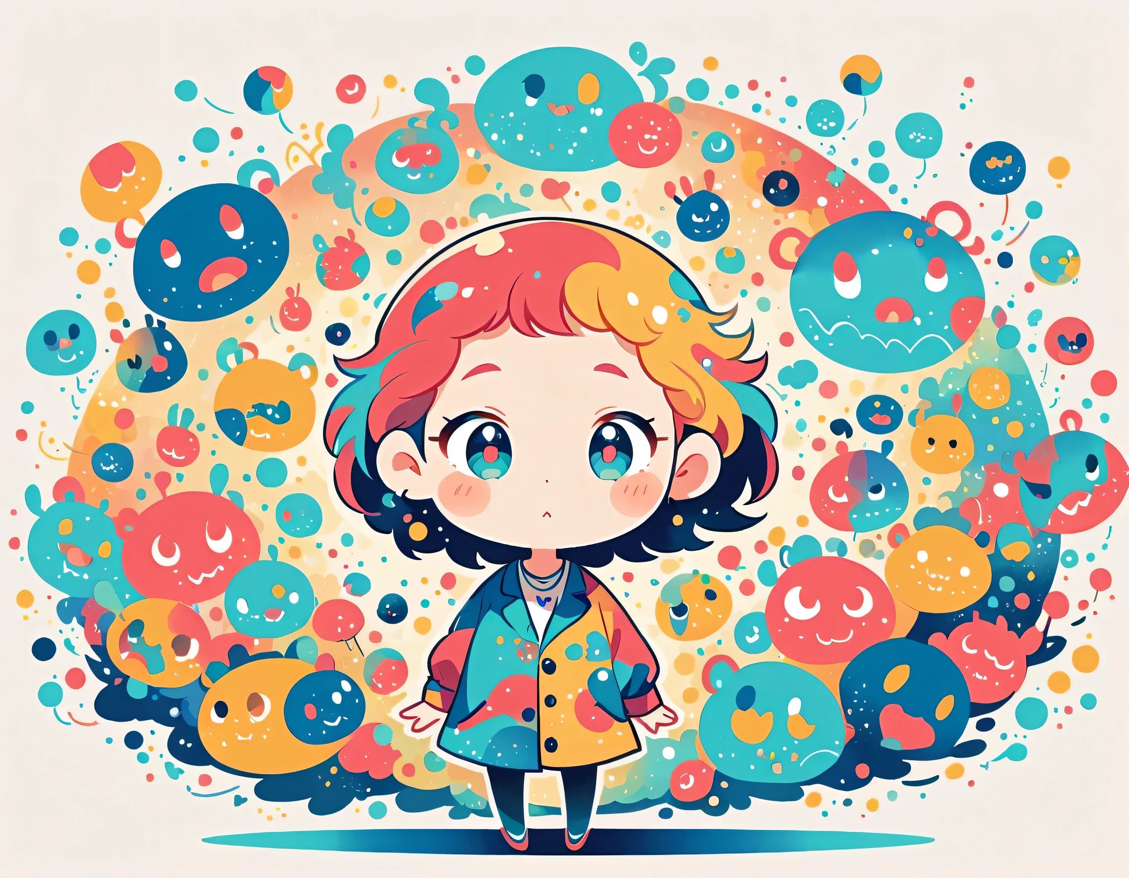 Watase Seizo style, Standing in front of a high wall,Simple Line Initialism,Abstract art,Urban Background, (((The most beautiful girl))), (((chibi))), Cute and colorful pillbugs
