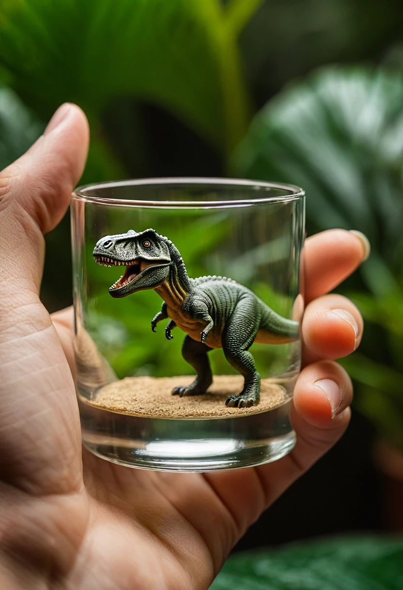 Hand holding a mini glass with a [dinossauro] dentro, 8k, fotografia hiper-realista,