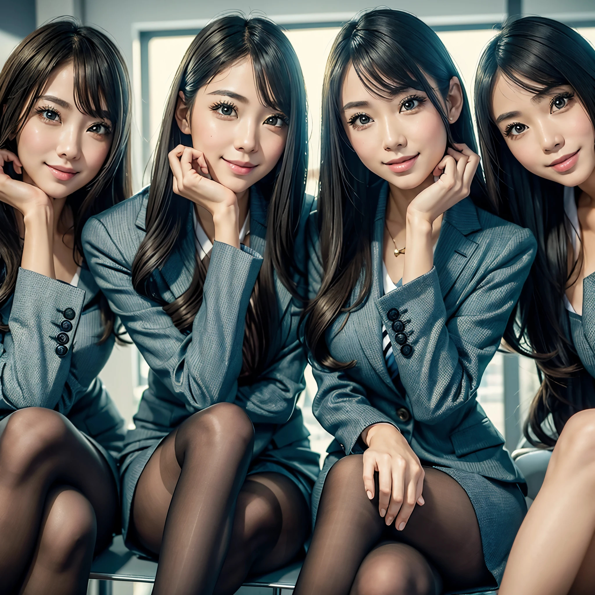 (best quality, masterpiece:1.5), (ultra-detailed, realistic:1.37),4K,(4girls:1.5),japanese,cute,beautiful,(striped office suits:1.3),(tight skirt),(black pantyhose:1.2),smile,