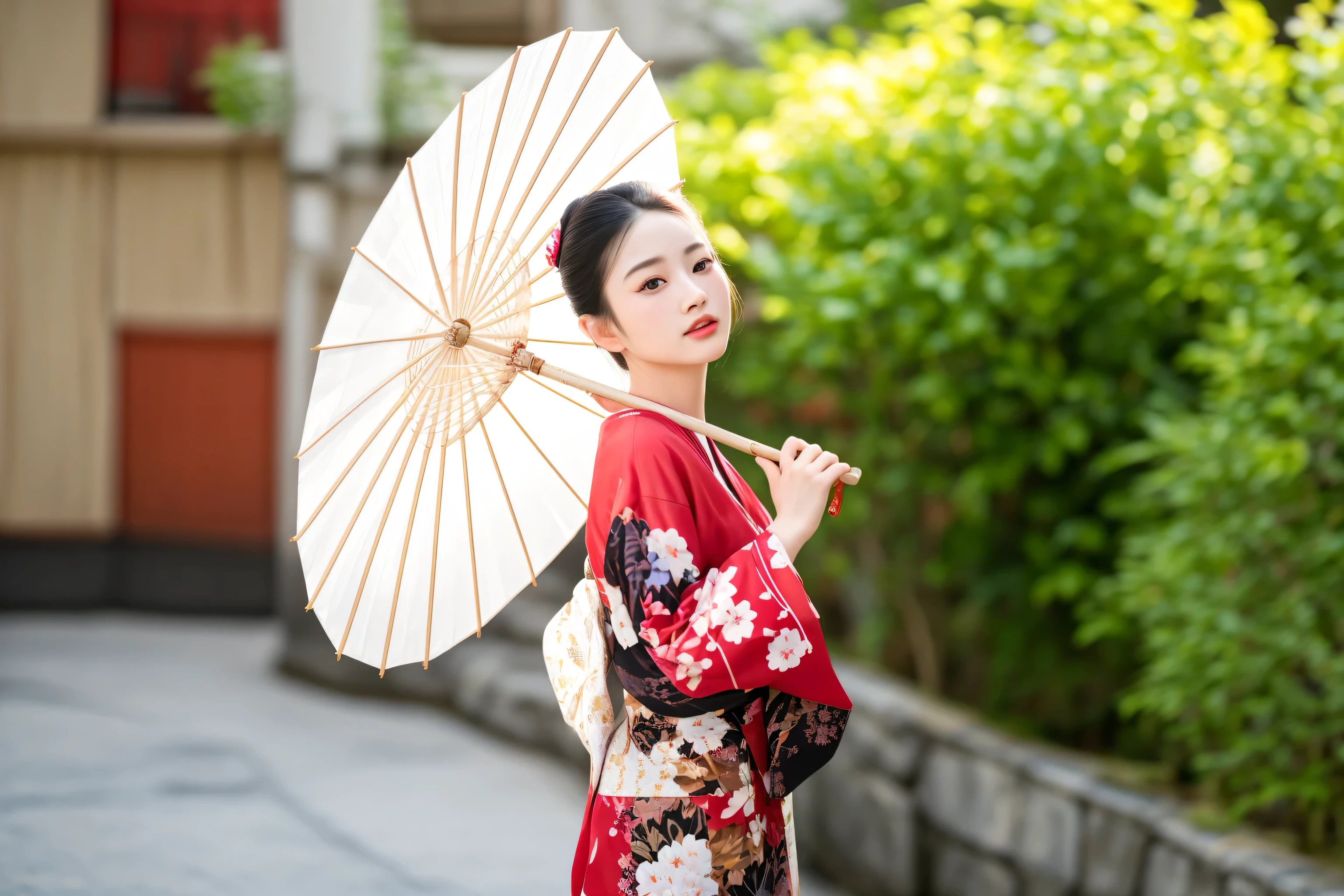araffe woman in a kimono with a white umbrella, elegant japanese woman, wearing kimono, japanese woman, wearing a kimono, in kimono, japanese kimono, kimono, traditional japanese, japanese model, of a youthful japanese girl, red kimono, traditional geisha clothing, in a kimono, japanese geisha, geisha photo portrait, ethnicity : japanese, japaneese style