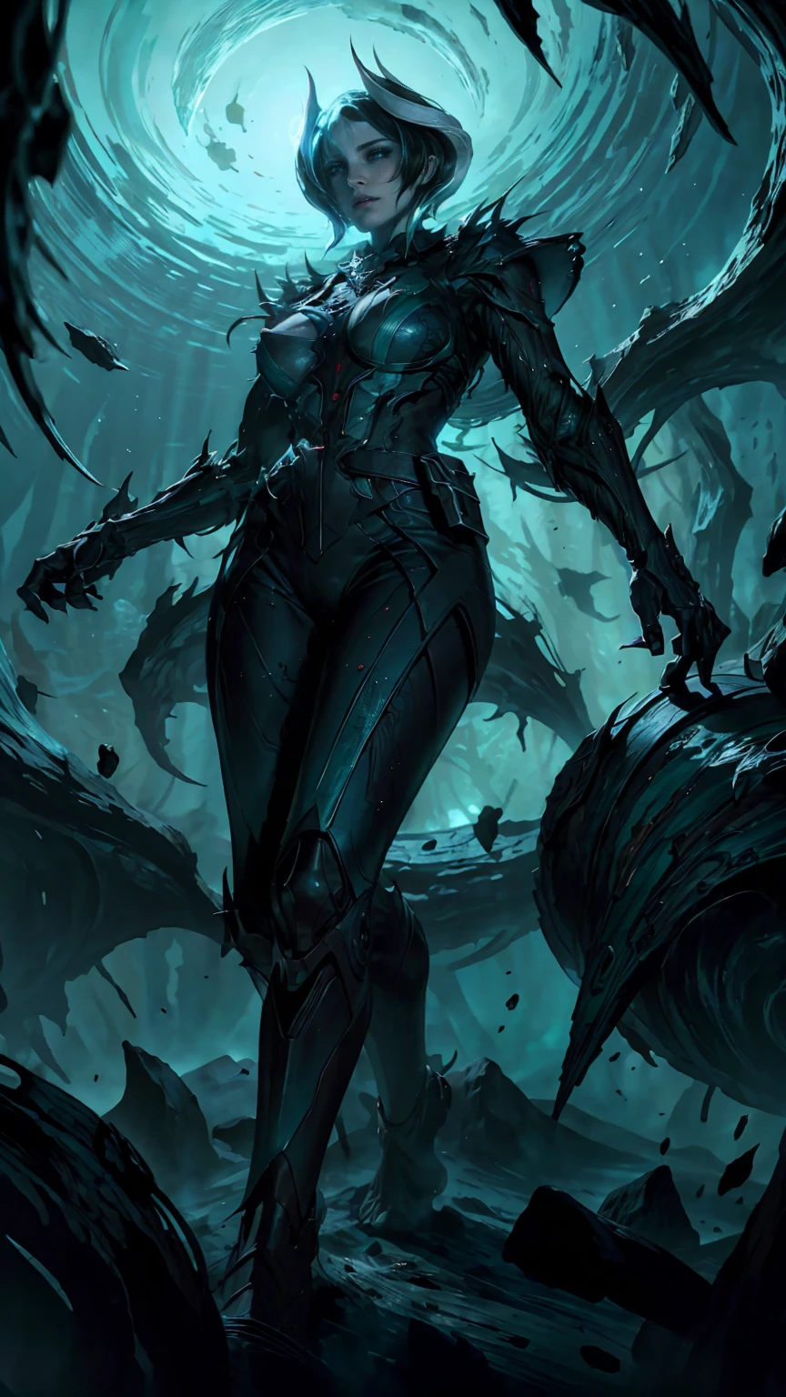 High view, high angle of camera, A beautiful and sexy Ozen, hyperrealistic. walking through a dark abyss, showcasing the fiery flora and fauna, dark, abyss explorer suit. Every space and build in the landscape is meticulously rendered, from the most dangerous and terrifying abyss, creating a visually stunning and immersive world. The overall effect is a magnificent mix of fantasy, caos and abyss,. close-up, fine quality cyan eyes, cyan eyes , ultra detailed, Beautiful and aesthetically pleasing, masterpiece, Best quality score, Extremely detailed, raytraced, full body, close up, high view, particles and hard lights, angulo picado.