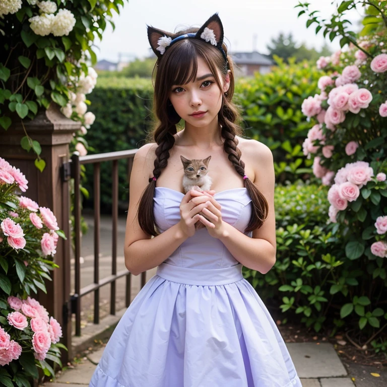 1girl, :d, animal ear fluff, animal ears, bangs, black hairband, blonde hair, blurry, blurry background, depth of field, dress, flower, flower pot, frilled dress, frills, green dress, green eyes, hairband, holding, long hair, open mouth, pink flower, plant, potted plant, sketch, sleeveless, sleeveless dress, smile, solo, tail, wrist cuffs, yellow flower, 1980s (style)