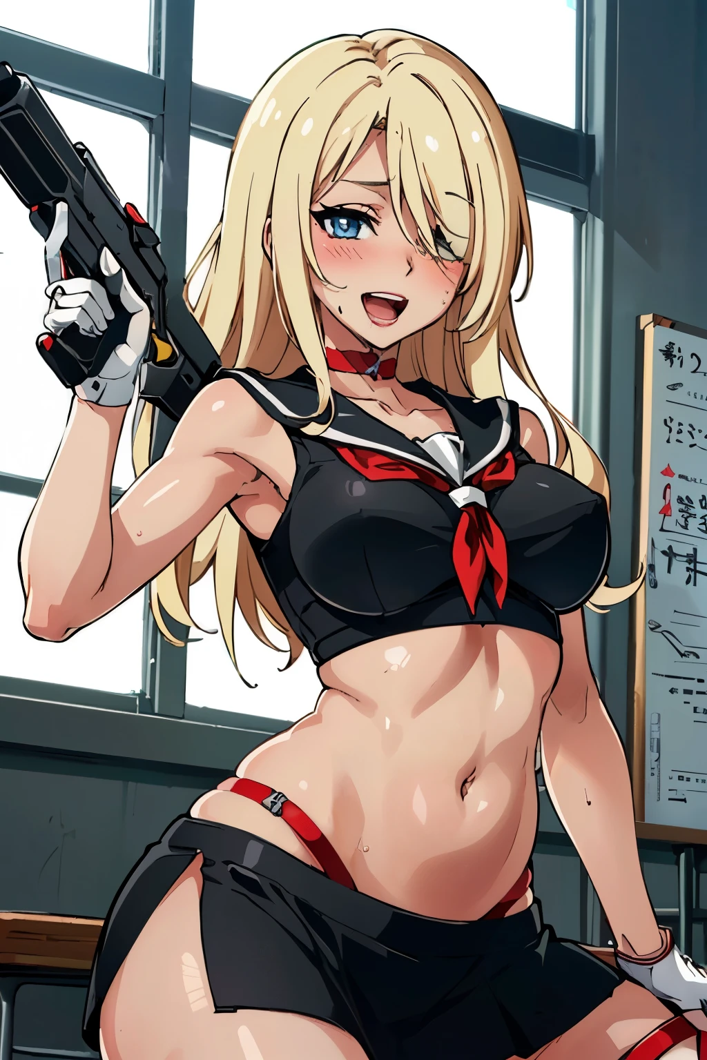  1girl, (sexy, beautiful woman, perfect face, perfect eyes, perfect female body, medium breasts:1.5), (KurumiSSakazaki, long hair, blonde hair,  gloves,  red choker,  hair over one eye, blush, lipstick, masterpiece, best quality, highly detailed, a anime girls in sailor uniforms with a gun posing for a picture,
evil smile, smile, open mouth,black_serafuku, ecchi anime style, anime girls , 
ecchi style, ecchi, shipgirls, digital anime art!!, high school girls, holding a gun, hold a gun, anime style 4
k, micro skirt, exposed belly, exposed navel, exposed midriff,
exposed lower belly,school, classroom,