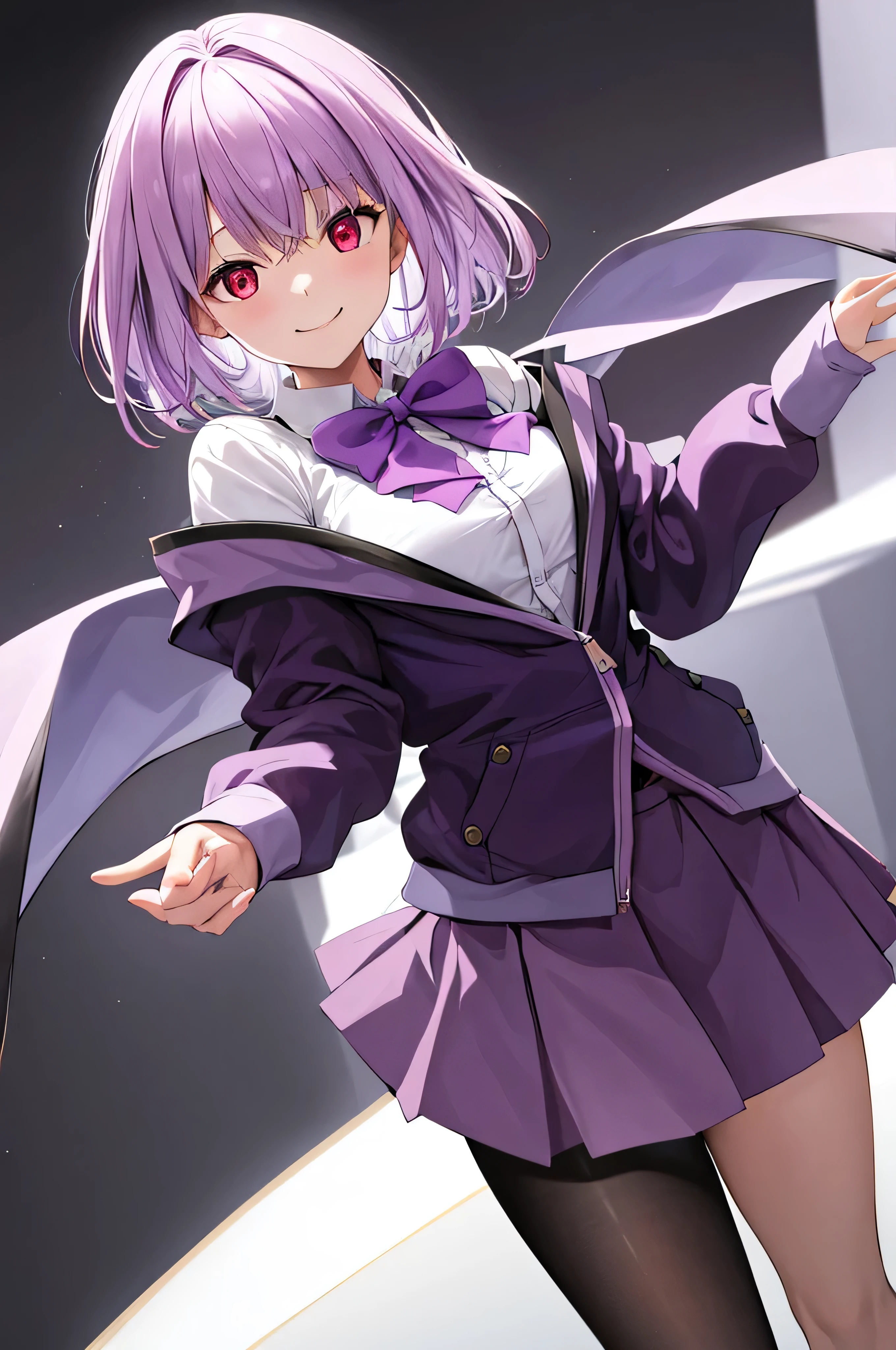 masterpiece, highest quality, High resolution, shinjou akane, One girl, alone, pantyhose, shirt, bow, skirt, purple Jacket, Jacket, white shirt, Long sleeve, short hair, black skirt, collared shirt, black pantyhose, Open clothes, bowtie, purple bow, chest, bangs, Red eyes, pleated skirt, Off the shoulder, open Jacket, Sleeves are longer than the wrist, Light purple hair, purple bowtie, miniskirt,  Cowboy Shot,evil smile,smile worst,looking at viewer,laugh worst,evil laugh,shaded face,laugh face,big monster background,