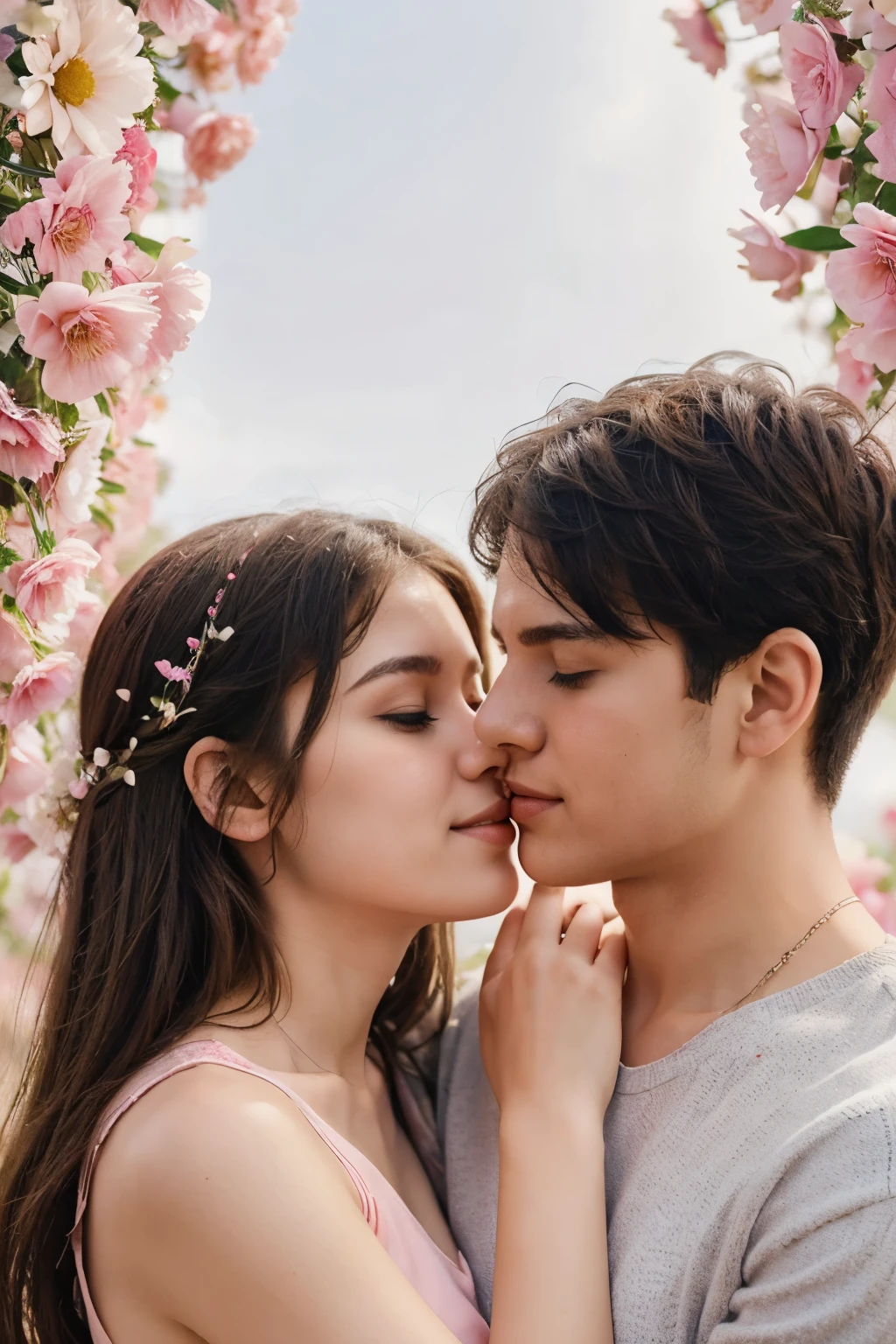 AI generated Romantic couple in love hugging and kissing on a background of flowers. Vector illustration, Young couple in love on valentine's day illustration, AI Generated Free Photo