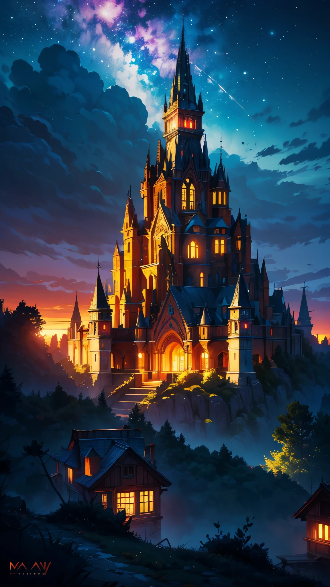 a detailed anime digital art of a night sky filled with stars and a rainbow, a view of a small town from a hill, highly detailed, intricate, cinematic, dramatic lighting, vibrant colors, (best quality,4k,8k,highres,masterpiece:1.2),ultra-detailed,(realistic,photorealistic,photo-realistic:1.37),fantasy landscape, starry night sky, glowing rainbow, small town, hilltop view, cinematic composition, dramatic lighting, vibrant colors, detailed architecture, glowing windows, detailed foliage, detailed textures