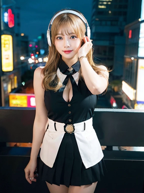 Full Body Photo、The whole body is captured、プロの写真最high quality, masterpiece, 32k、Very detailed、Realistic、1 girl, Japanese women、Cute Face, (photo Actual:1.3),Bob Hair(Golden hair color、Blonde Hairstyles)、Edge lighting, (Skin with attention to detail:1.2), 8k超High resolution, Single-lens reflex camera, high quality, High resolution, 4K, 8k, Optimal ratio of four fingers to one thumb, (Actual:1.3), cute 1 girl, Realistic、Super Realistic、32k、Very detailed、masterpiece, 最high quality, beautiful girl, beauty、Mecha, Beautiful lighting, (Neon Light:1.2), (night:1.5),suit、ネイビー色のビジネスsuit、Short skirt、Big Breasts(big 、There is a valley)Cat ear headphones、Are standing、Work remotely from the office