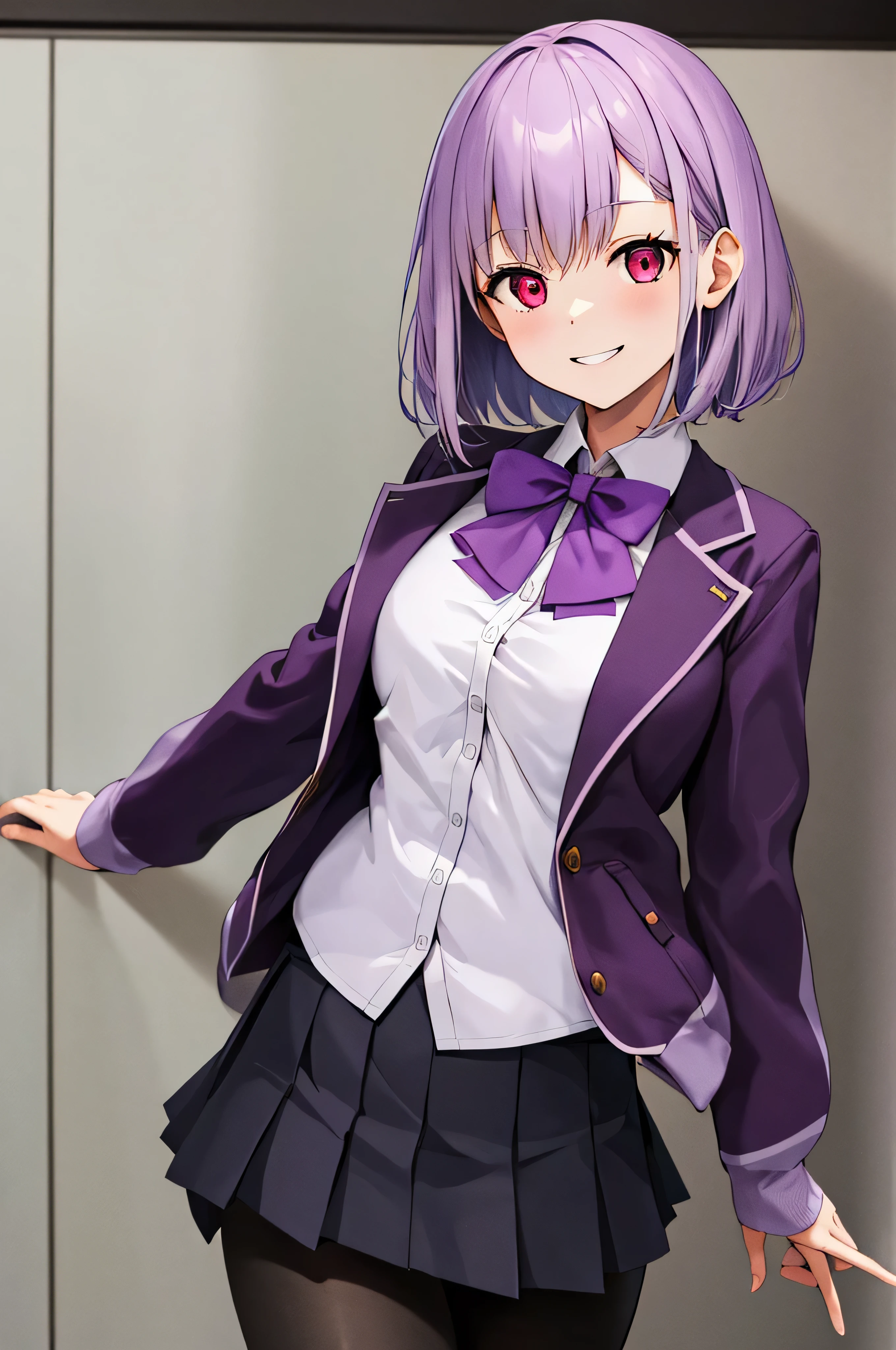 masterpiece, highest quality, High resolution, shinjou akane, One girl, alone, pantyhose, shirt, bow, skirt, purple Jacket, Jacket, white shirt, Long sleeve, short hair, black skirt, collared shirt, black pantyhose, Open clothes, bowtie, purple bow, chest, bangs, Red eyes, pleated skirt, Off the shoulder, open Jacket, Sleeves are longer than the wrist, Light purple hair, purple bowtie, miniskirt,  Cowboy Shot,evil smile,smile worst,looking at viewer,laugh worst,evil laugh,shaded face,laugh face,big monster background,