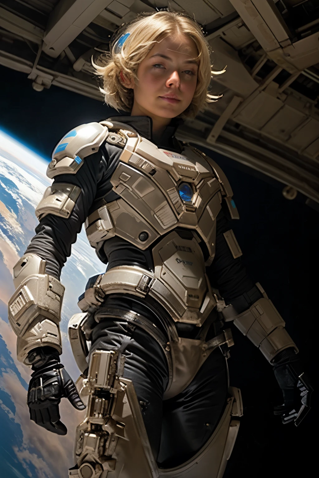 blonde, battle angel in a heavy spacesuit, Futuristic makeup, anatomy, erotica, high detail