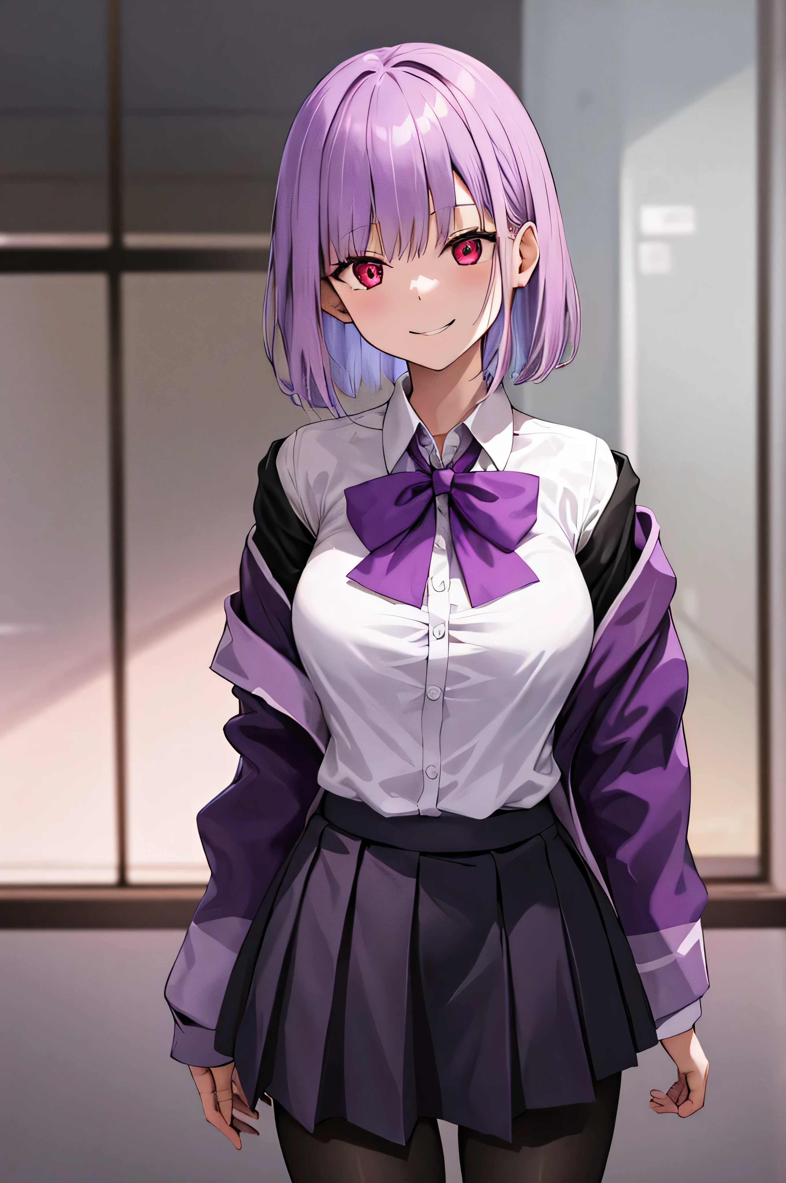 masterpiece, highest quality, High resolution, shinjou akane, One girl, alone, pantyhose, shirt, bow, skirt, purple Jacket, Jacket, white shirt, Long sleeve, short hair, black skirt, collared shirt, black pantyhose, Open clothes, bowtie, purple bow, chest, bangs, Red eyes, pleated skirt, Off the shoulder, open Jacket, Sleeves are longer than the wrist, Light purple hair, purple bowtie, miniskirt,  Cowboy Shot,evil smile,smile worst,looking at viewer,laugh worst,evil laugh,shaded face,laugh face,big monster background,horror face,