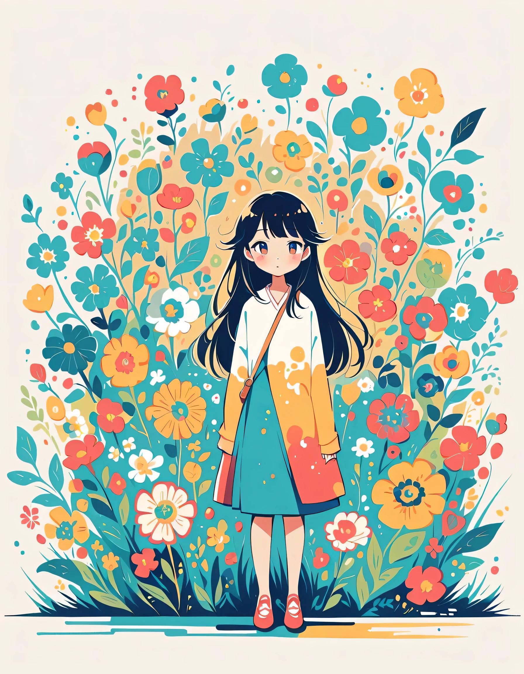 Watase Seizo style, Standing in front of a high wall,Simple Line Initialism,Abstract art,Urban Background, (((The most beautiful girl))), colorful flowers