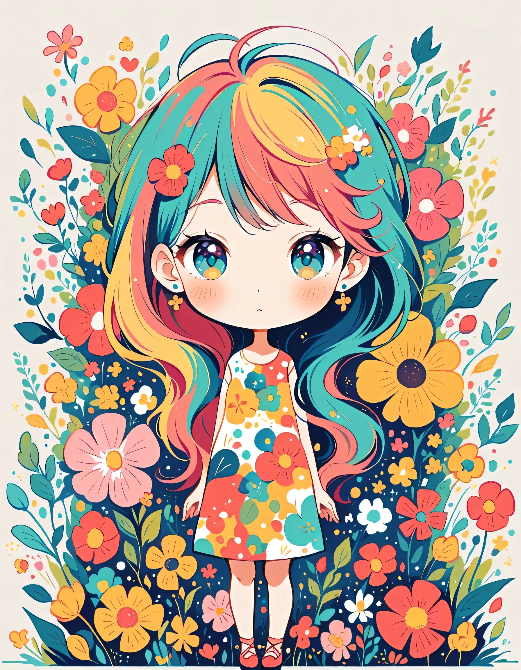 Watase Seizo style, Standing in front of a high wall,Simple Line Initialism,Abstract art,Urban Background, (((The most beautiful girl))), colorful flowers