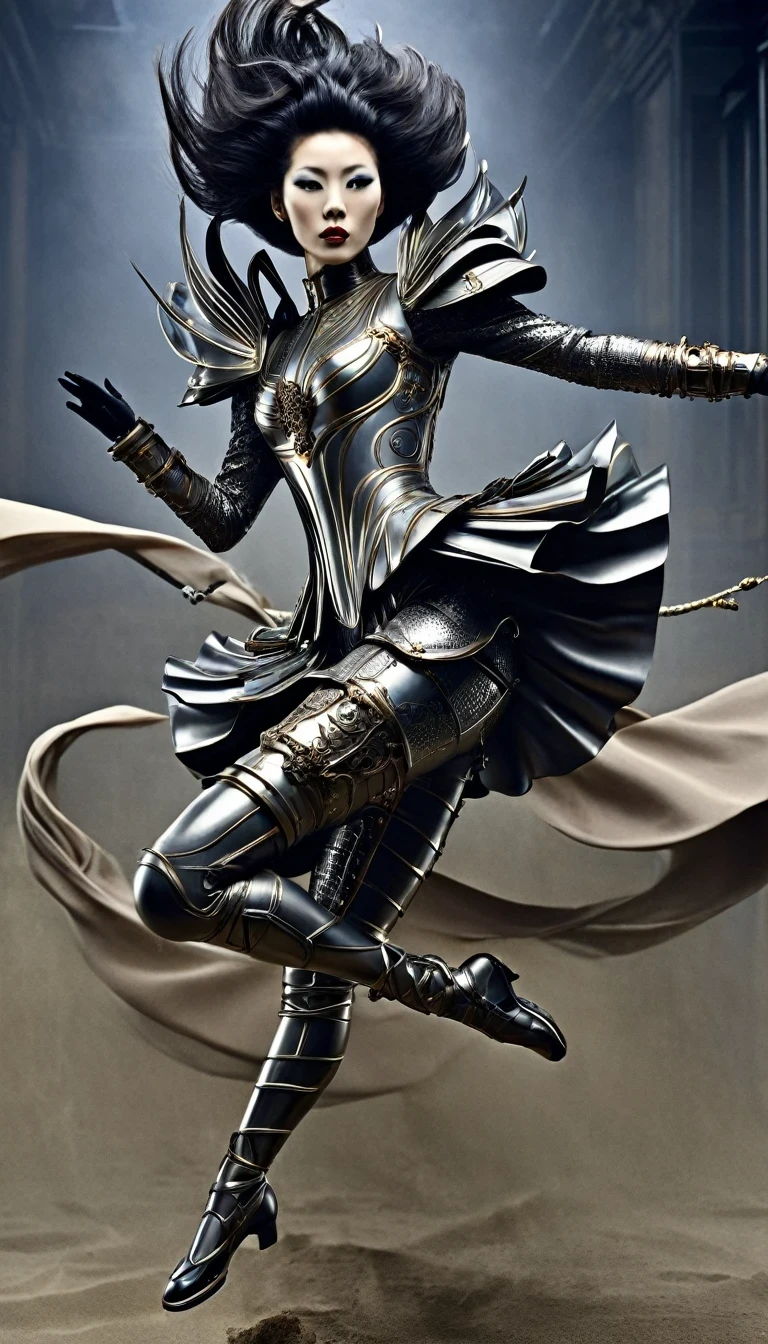 (Avant-garde and elegant tight combat suit design：1.3），Female warrior jumping and running，Broadsword：1.2，Serge Lutens is known for his avant-garde elegance。His works continue to transcend the boundaries of traditional aesthetics，Combining elements of surrealism and futurism，While maintaining elegance。This unique combination makes his work both sophisticated and provocative.，background：The future