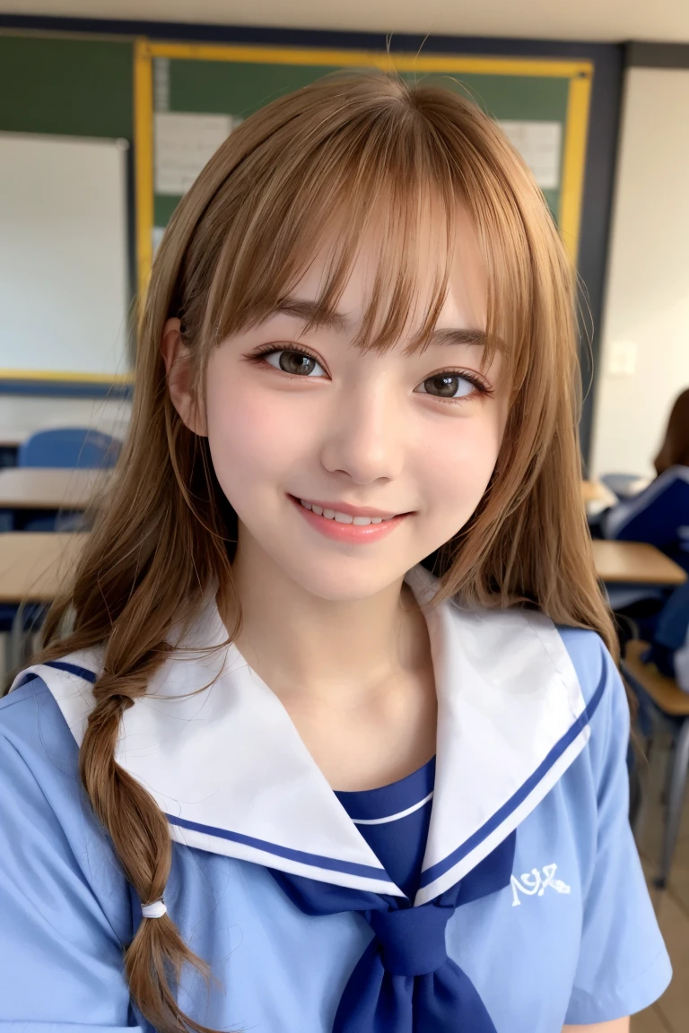 Three white eyes、One Girl, cute, 18-year-old, smile, Displaying the viewer, Sailor suit, Seifuku, photograph, Realistic, highest quality, employment, Detailed face, classroom, Detailed Background, Diffuse lighting, Written boundary depth, Bokeh,Korean Idol、beautiful girl