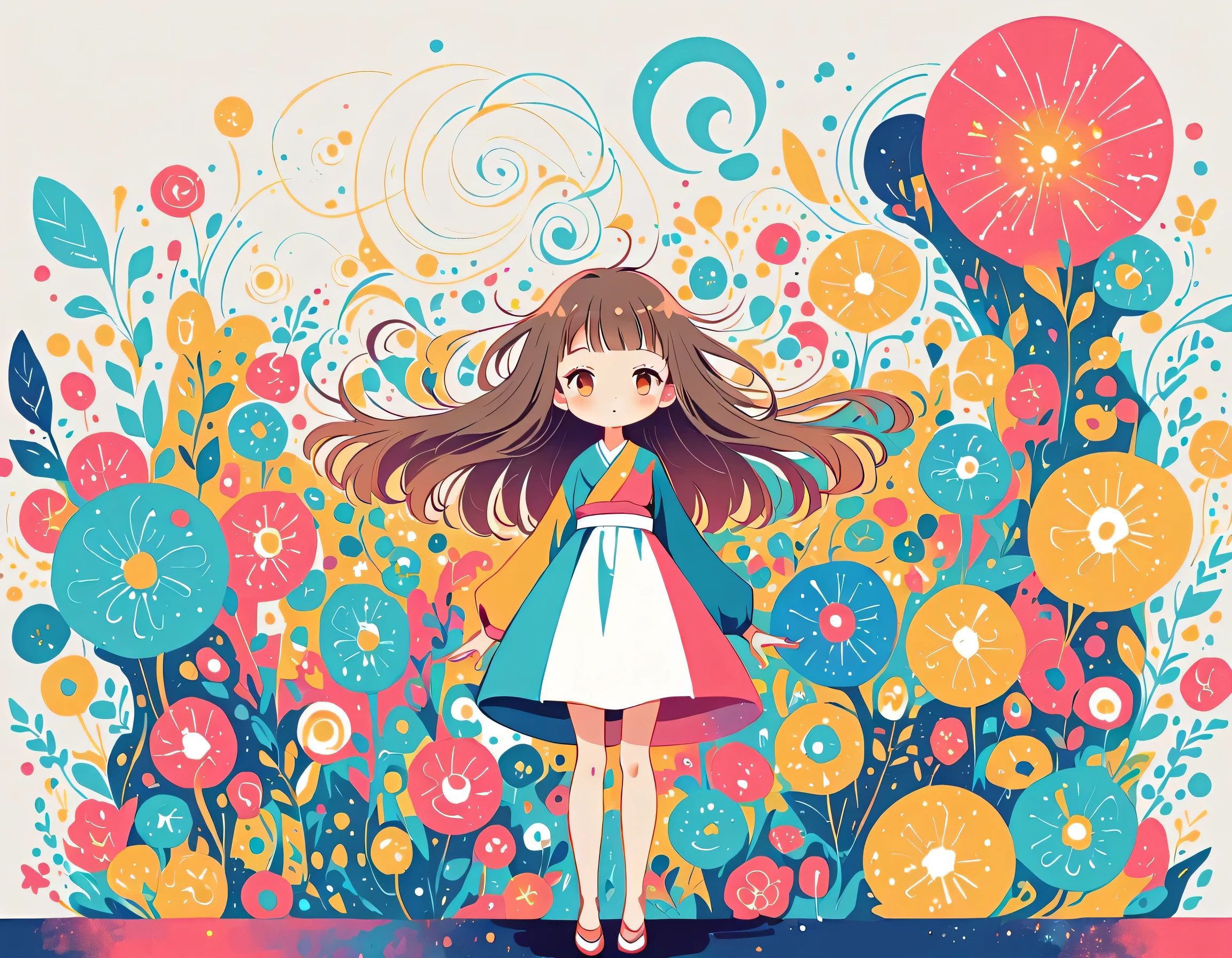 Watase Seizo style, Standing in front of a high wall，Simple Line Initialism，Abstract art，Urban Background, (((The most beautiful girl))), colorful flowers