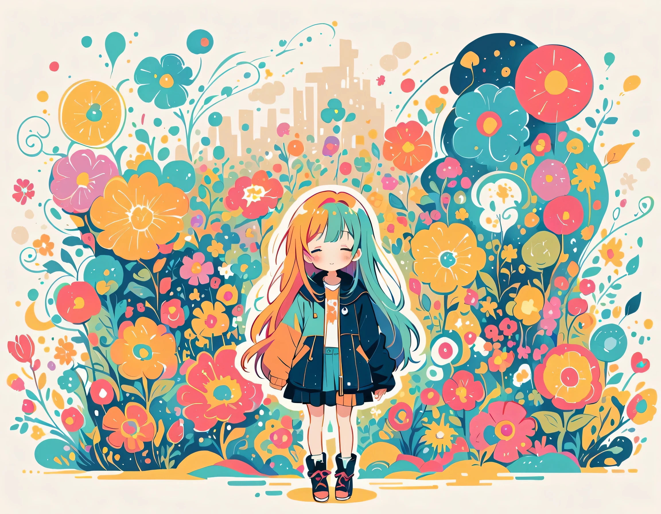 Watase Seizo style, Standing in front of a high wall,Simple Line Initialism,Abstract art,Urban Background, (((The most beautiful girl))), colorful flowers