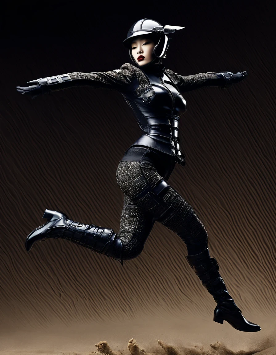 (Avant-garde and elegant tight combat suit：1.3），Fitness female soldier jumping with gun，Serge Lutens is known for his avant-garde elegance。His works continue to transcend the boundaries of traditional aesthetics，Combining elements of surrealism and futurism，While maintaining elegance。This unique combination makes his work both sophisticated and provocative.，Redefining the understanding of beauty and art。