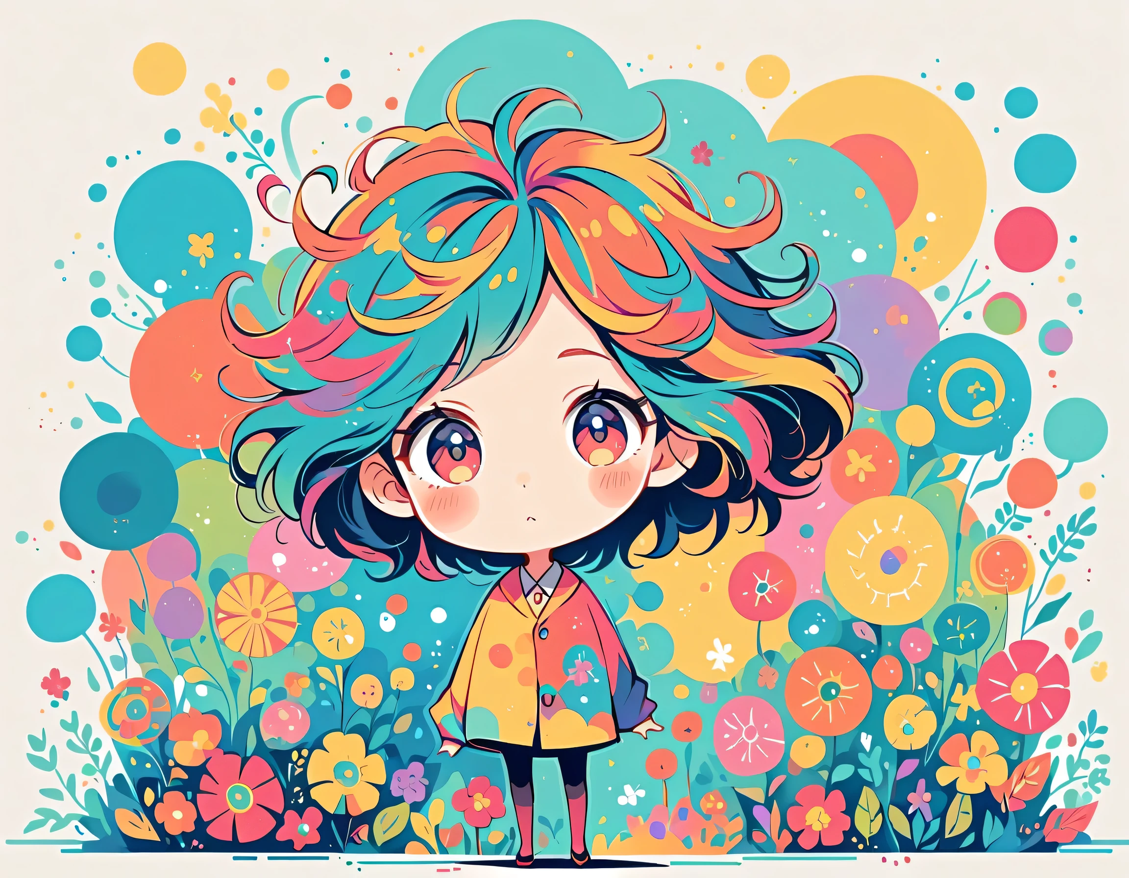 Watase Seizo style, Standing in front of a high wall,Simple Line Initialism,Abstract art,Urban Background, (((The most beautiful girl))), colorful flowers