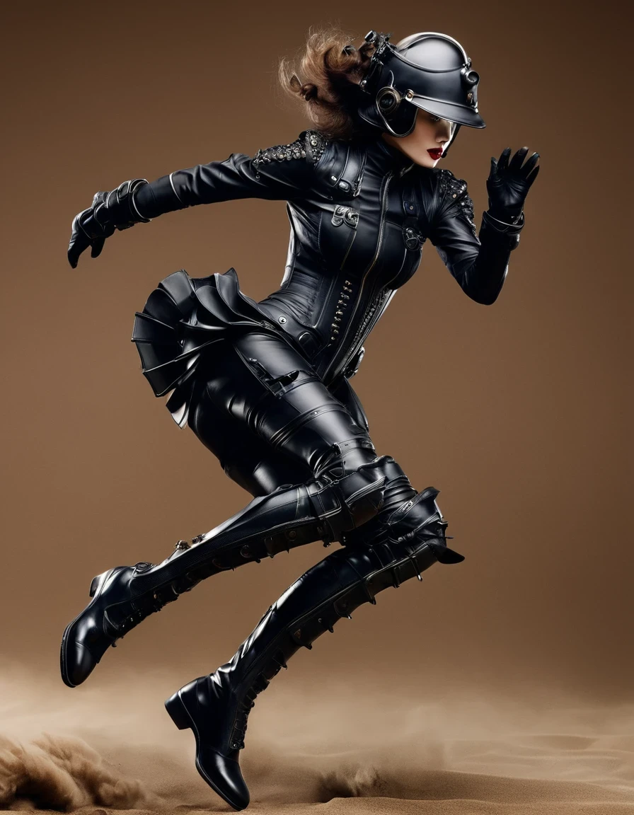 (Avant-garde and elegant tight combat suit：1.3），Fitness female soldier jumping with gun，Serge Lutens is known for his avant-garde elegance。His works continue to transcend the boundaries of traditional aesthetics，Combining elements of surrealism and futurism，While maintaining elegance。This unique combination makes his work both sophisticated and provocative.，Redefining the understanding of beauty and art。