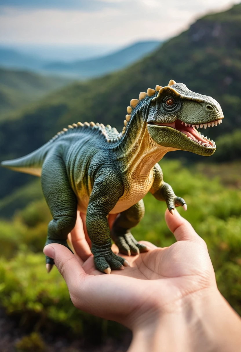 Hands holding a mini [dinossauro] na ponta fos dedos, 8k, fotografia hiper-realista,