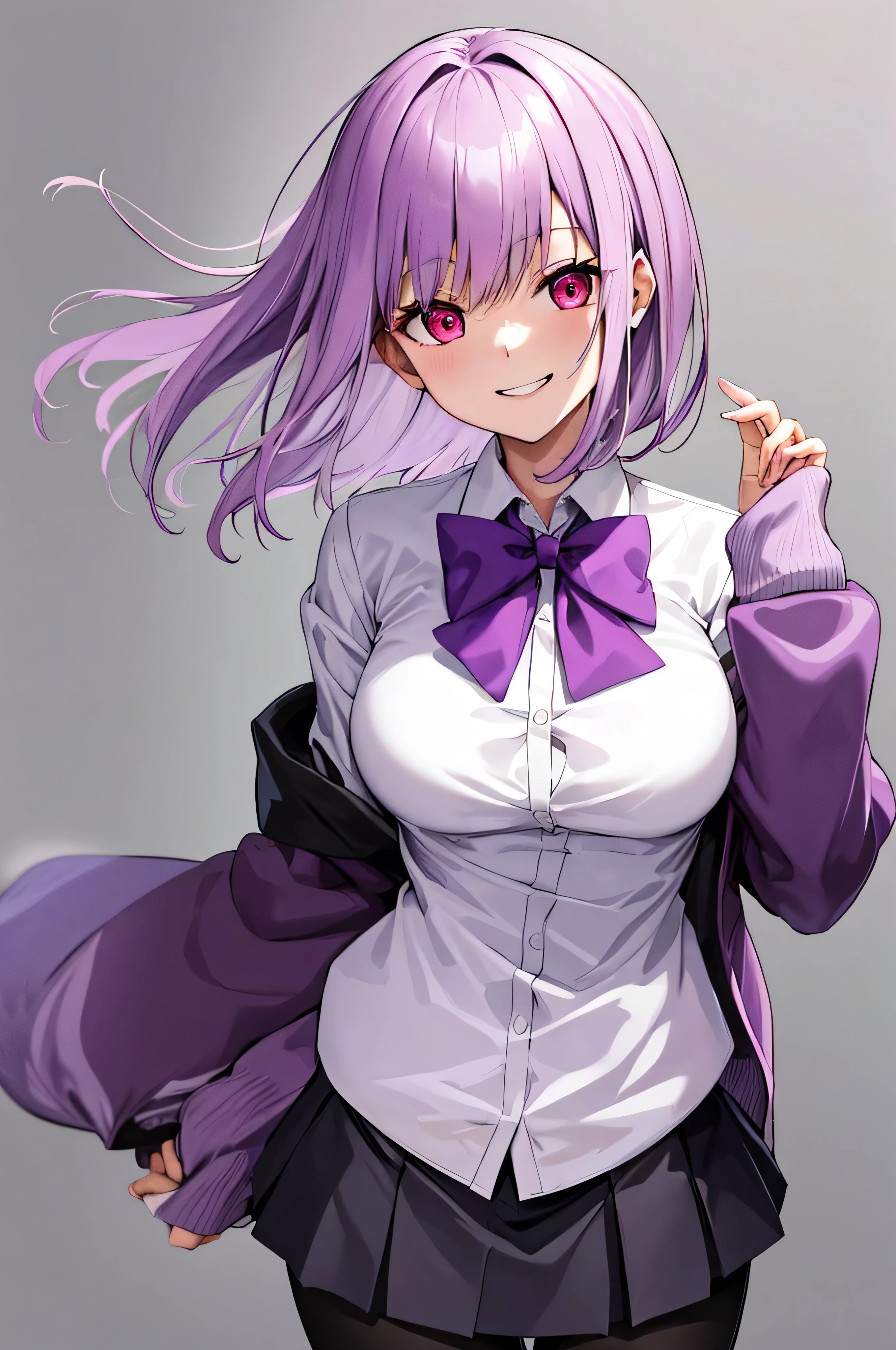 masterpiece, highest quality, High resolution, shinjou akane, One girl, alone, pantyhose, shirt, bow, skirt, purple Jacket, Jacket, white shirt, Long sleeve, short hair, black skirt, collared shirt, black pantyhose, Open clothes, bowtie, purple bow, chest, bangs, Red eyes, pleated skirt, Off the shoulder, open Jacket, Sleeves are longer than the wrist, Light purple hair, purple bowtie, miniskirt, Cowboy Shot,evil smile,smile worst,looking at viewer,laugh worst,evil laugh,shaded face,laugh face,big monster background,horror face,