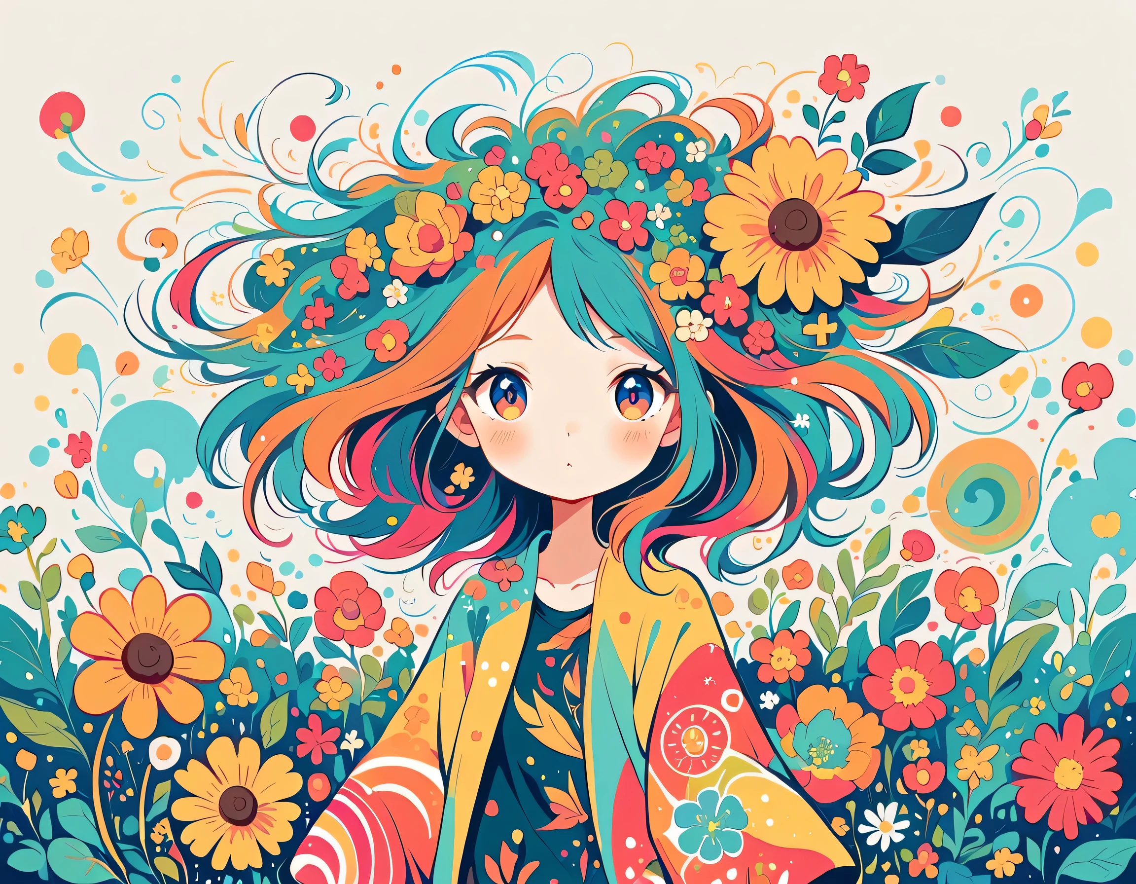 Watase Seizo style, Standing in front of a high wall,Simple Line Initialism,Abstract art,Urban Background, (((The most beautiful girl))), colorful flowers