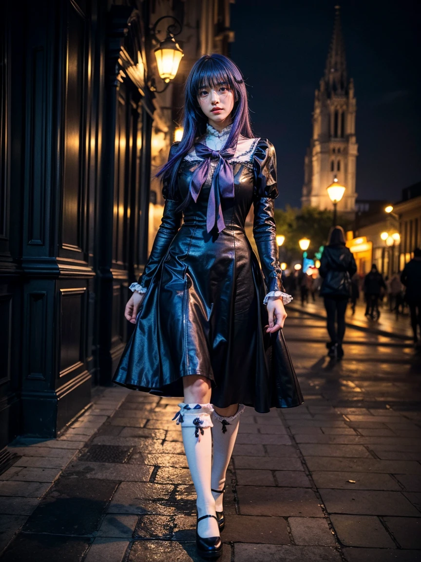 (1 lady), (Best quality at best:1.4), (ultra - detailed), (extremely detailed CG unified 16k), A Beautiful Woman with Perfect Figure: 1.4, Sharp Focus: 1.2, very detailed, High-definition RAW color photo, professional photoshooting, amazing face and eyes, cosmetics, (amazingly beautiful girl), ((frederica bernkastel)), ((purple bow, dress, frills, white kneehighs, kneehighs bow, mary janes, cat tail, tail ornament)), standing, sexyposture,(Dark and stylish huge gothic cathedral from outside, city lights at night, city lights:1.3), (look from down), realistic cinematic face, head to feet long wide zoomed out view, full body long view, photorealistic, ((realistic natural purple hair style, purple eyes, long hair)), gorgeous, extremely beautiful face, perfect model beauty, pout mouth, Highly Detailed Face and Skin Texture, Detailed Eyes, Double Eyelids, Big Breasts, Smile, cleavages, western, (masterpiece), best quality, high resolution, extremely detailed, blurred background, depth of field, cinematic lighting, amazing legs, high heels, clear and well-cared skin,
