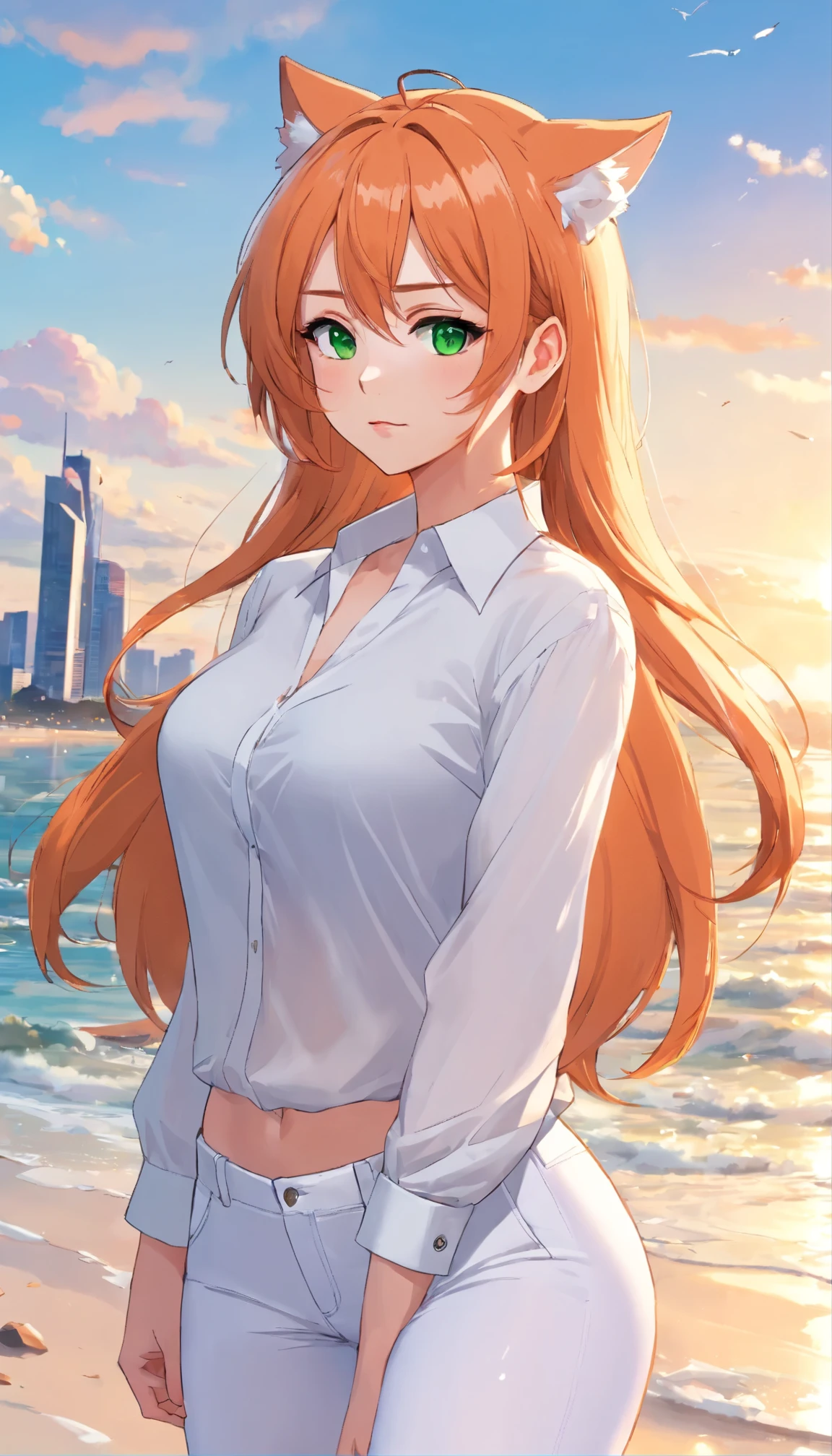 (masterpiece, Best quality), 8K, ultra detailed, realistic photo, Detailed face, perfect lighting, green eyes, bright orange hair, bright hair, fox ears, nice legs, side photo, beautiful, Cute, skin pores, 1 girl, perfect shirt, fully dressed, beautiful women 30 years old, Beautiful proportions, Russian woman, Caucasian, European, Business lady, stunningly beautiful woman, mother, thick legs, show ass, big breasts, (Thin white shirt:1.4), thick, hot, (White Office Wear:1.4), tight pants, (wide hips:1.2), thick, (white Office pants:1.3), spread your legs, Legs open, full length, wide hips, Glasses, with long orange hair, standing on the beach near the ocean, green eyes detailed digital anime art, cat ear, anime girl with long hair, гладкое аниме cg art, anime girl with long hair, digital anime art, work in Guweiz style, Beautiful anime portrait, Photorealistic render of an anime girl, pantyhose, Beautiful anime girl, advanced digital anime art, guweiz на artstation pixiv HD UHD HQ