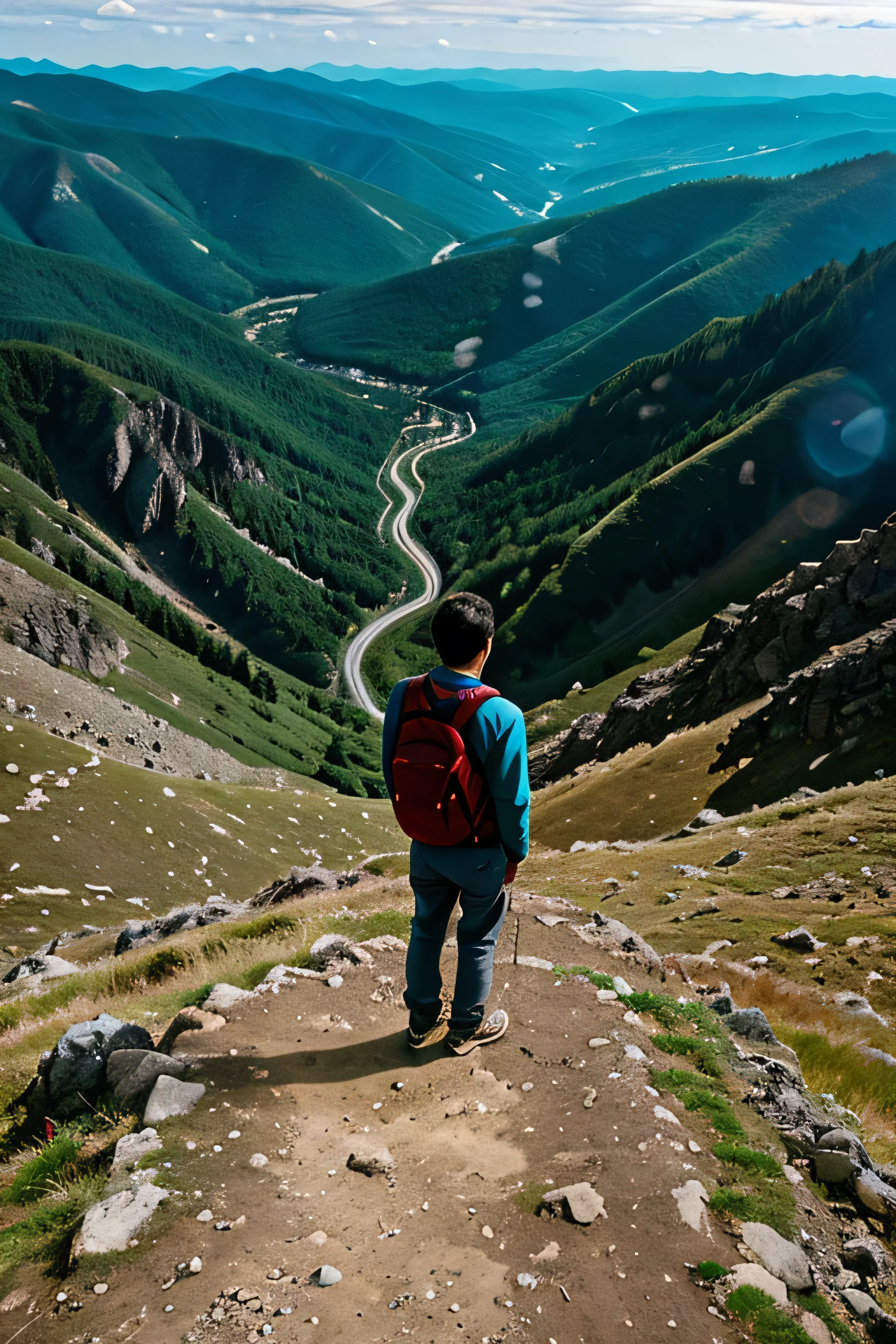 A person standing on a mountain peak looking down