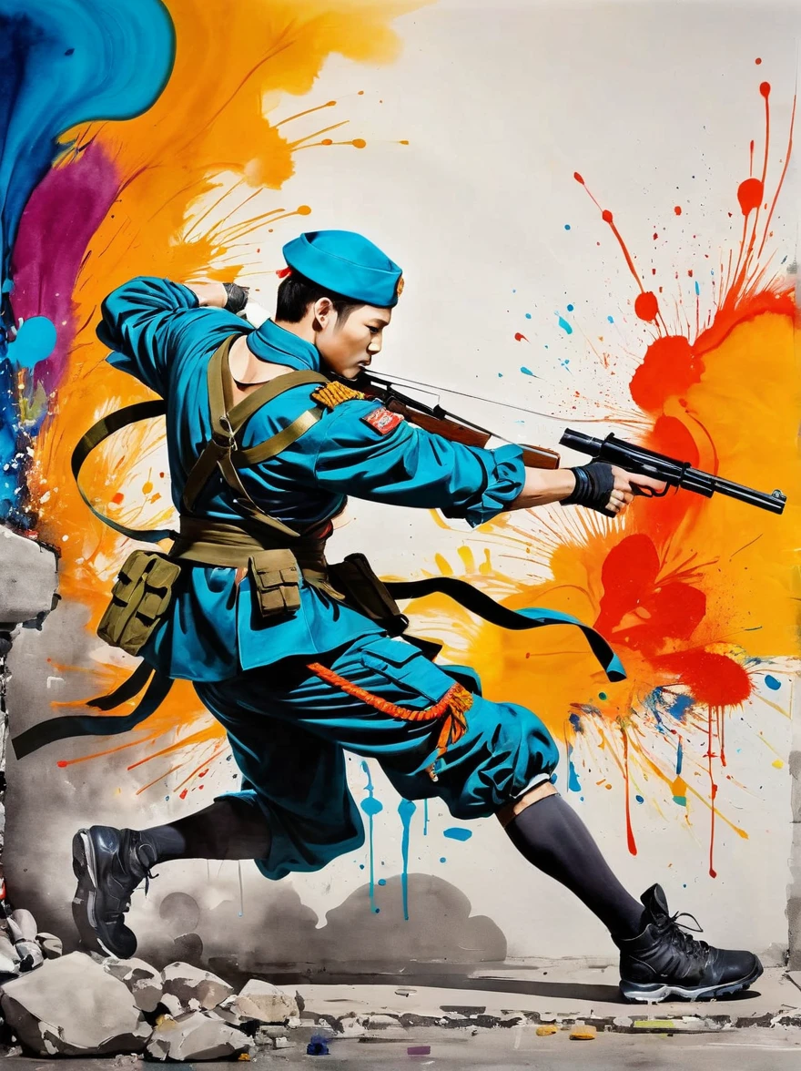 masterpiece, best quality, Color ink painting, 男性contour，Armed combatants，Combat tights，dynamic姿势，contour，Graffiti splashes，Bold Colors，dynamic，Colorful，Abstract Painting，Look closely，Like a person，artwork，mystery，design，colorful inkpainting