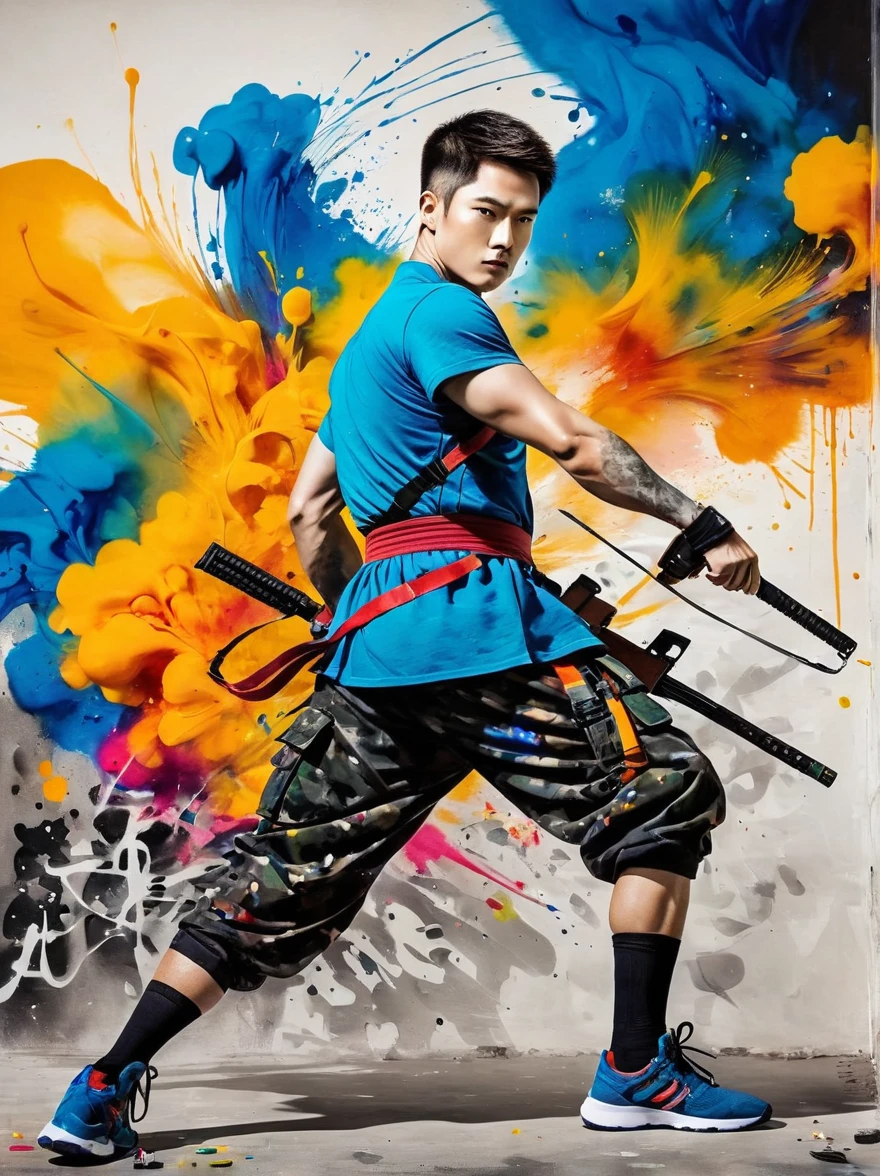 masterpiece, best quality, Color ink painting, 男性contour，Armed combatants，Combat tights，dynamic姿势，contour，Graffiti splashes，Bold Colors，dynamic，Colorful，Abstract Painting，Look closely，Like a person，artwork，mystery，design，colorful inkpainting