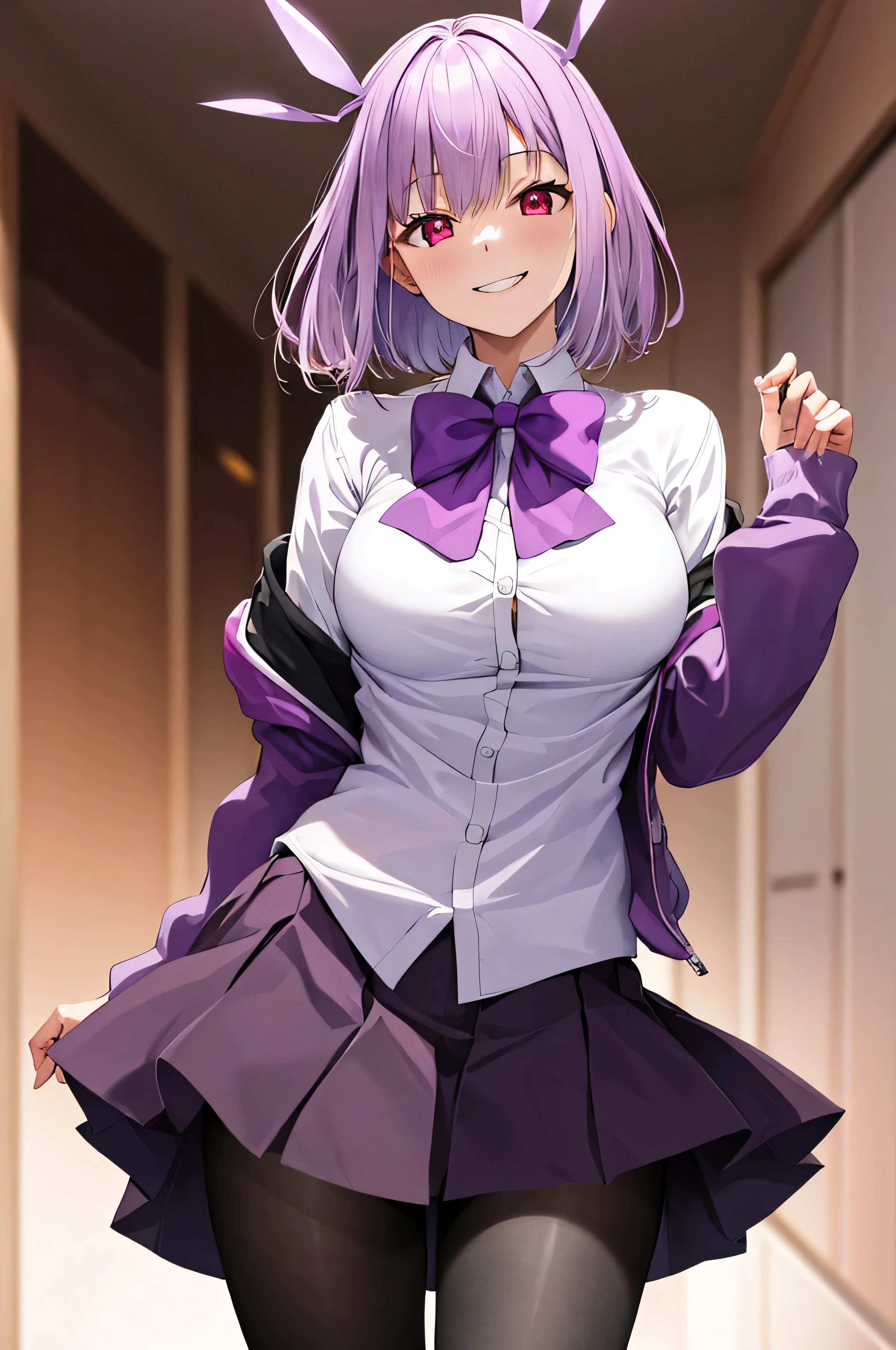 masterpiece, highest quality, High resolution, shinjou akane, One girl, alone, pantyhose, shirt, bow, skirt, purple Jacket, Jacket, white shirt, Long sleeve, short hair, black skirt, collared shirt, black pantyhose, Open clothes, bowtie, purple bow, chest, bangs, Red eyes, pleated skirt, Off the shoulder, open Jacket, Sleeves are longer than the wrist, Light purple hair, purple bowtie, miniskirt,  Cowboy Shot,evil smile,smile worst,looking at viewer,laugh worst,evil laugh,shaded face,laugh face,big monster background,horror face,