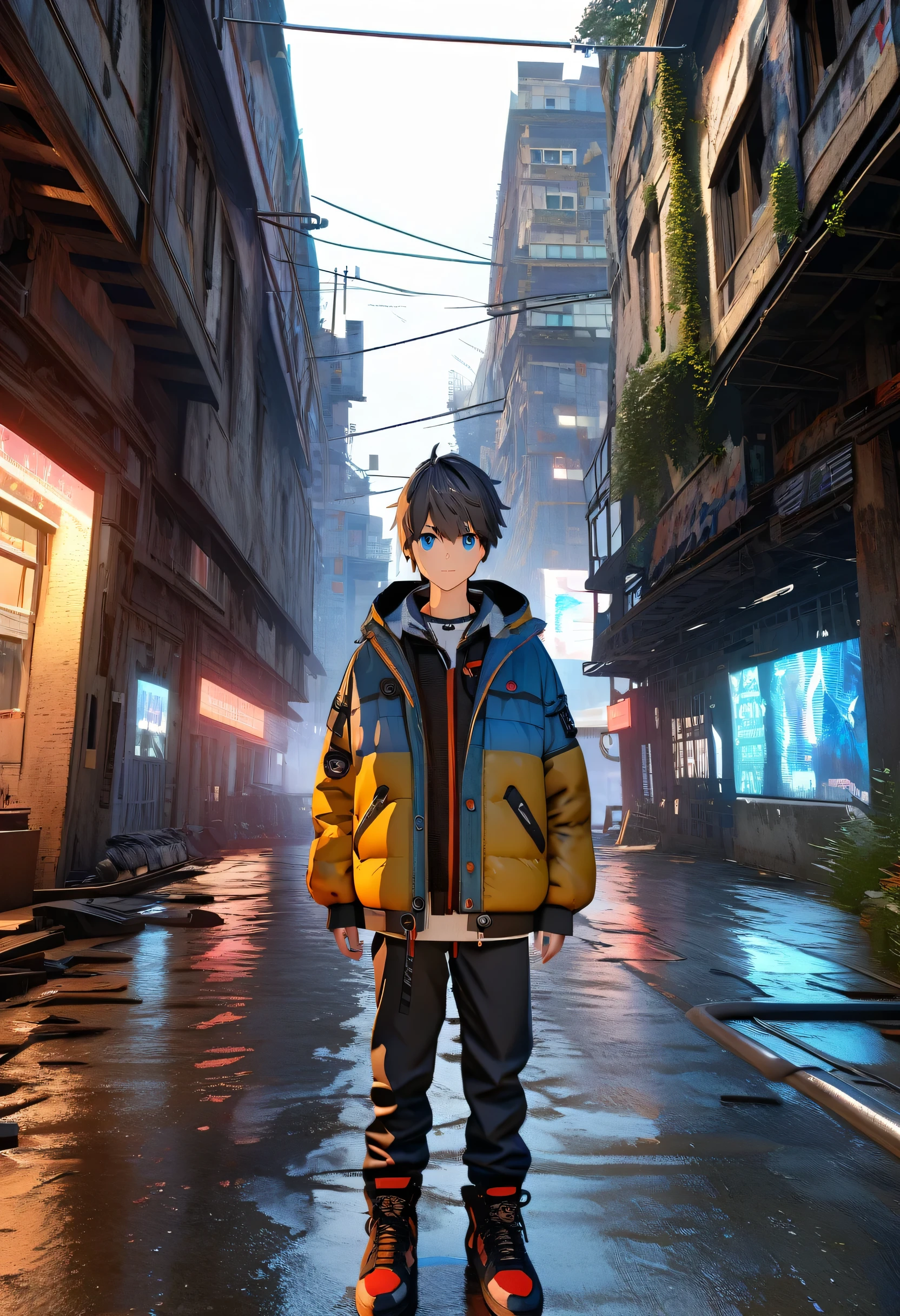 (A 17-year-old youth with a soul body that emits blue and black lightning particles around him), 3D Rendering, Movie special effects, Cinema Lighting, Abandoned city, Clear HD, 8K resolution, Very detailed, Digital Painting, Concept Art, Shinkai Makoto style, pop popularization trend, pop, pop trend, pop trend on pixiv.