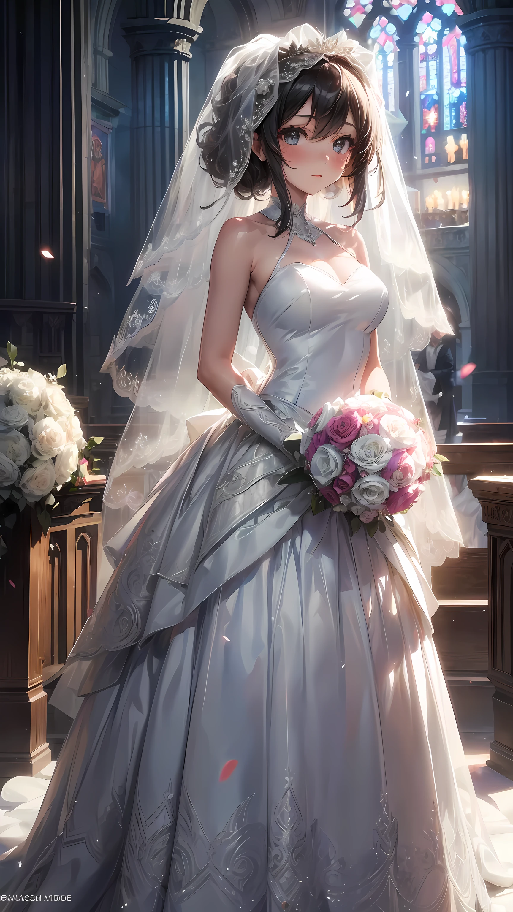 1 Girl, masterpiece, High resolution, Sonic edges_Rias_Grey Mory, ((wedding dress, church, wedding veil, wedding, bouquet))