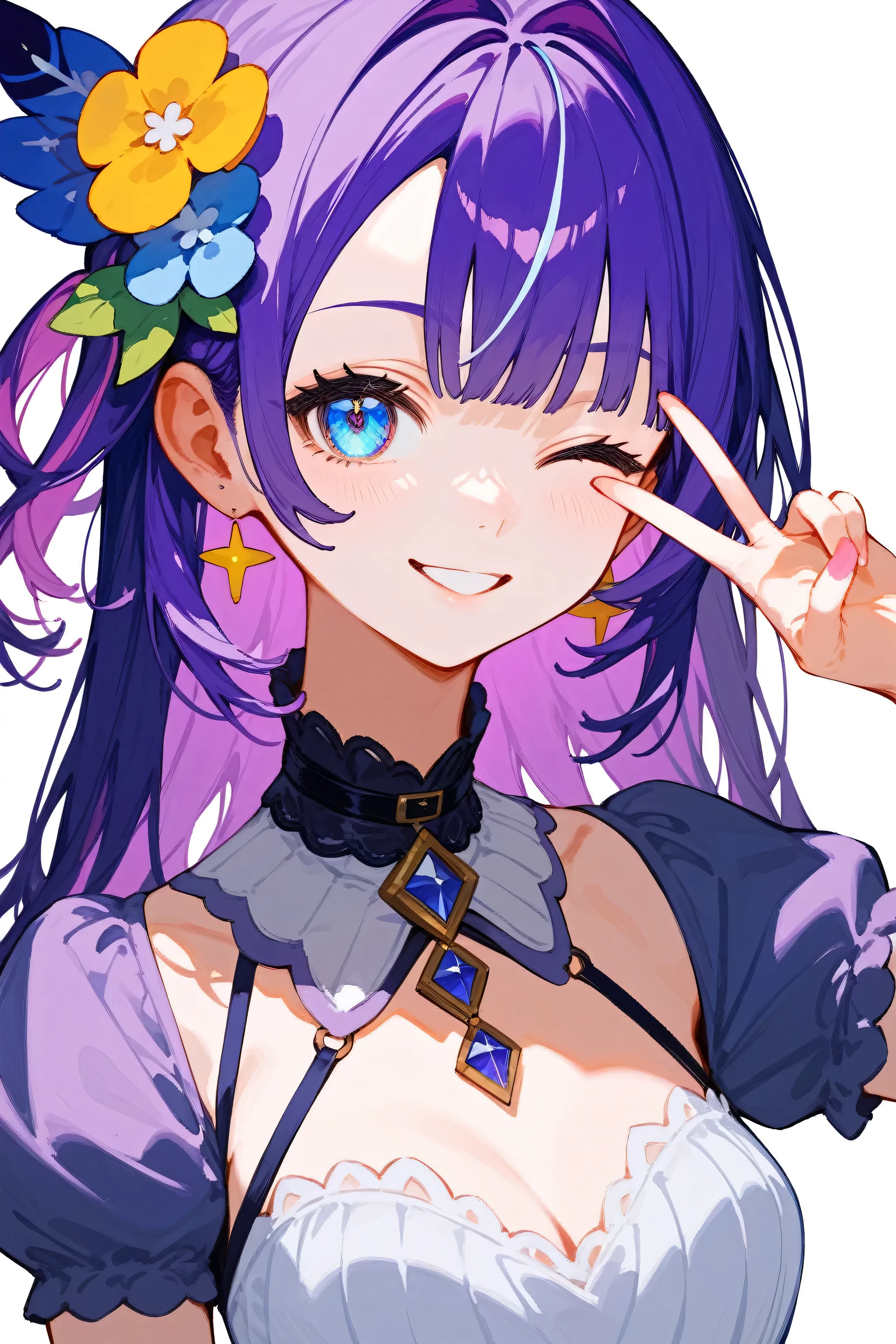 (score_9,score_8_up,score_7_up,),xuelian,white background,dress,multicolored hair,virtual youtuber,hair flower,hair ornament,purple hair,blueeyes,simple background,seductive_smile,wink,v,upper_body,face_focus,