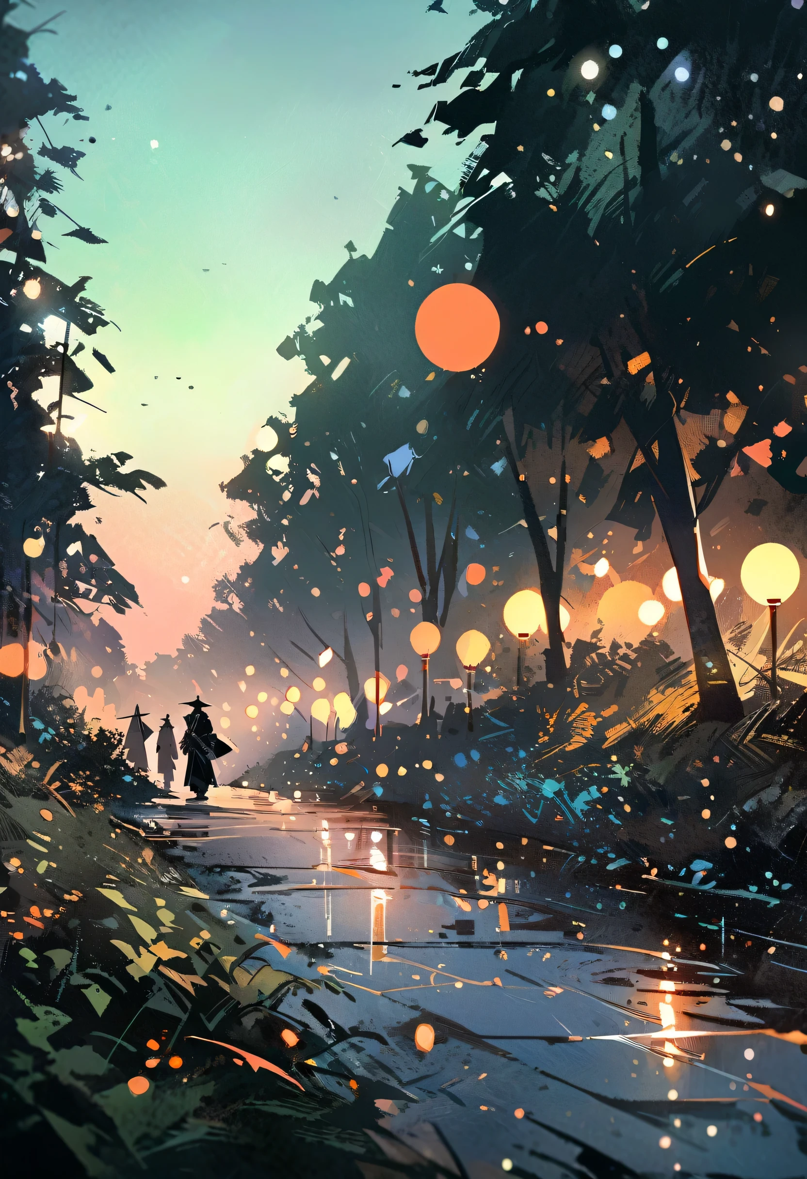 (Close-up shot:1.5), Japanese Samurai, Night forest glade background, (evening), moonlight, Bokeh, (Art by Jeremy Mann and Edvard Munch), Beautiful composition, Complementary Color, masterpiece, Awards