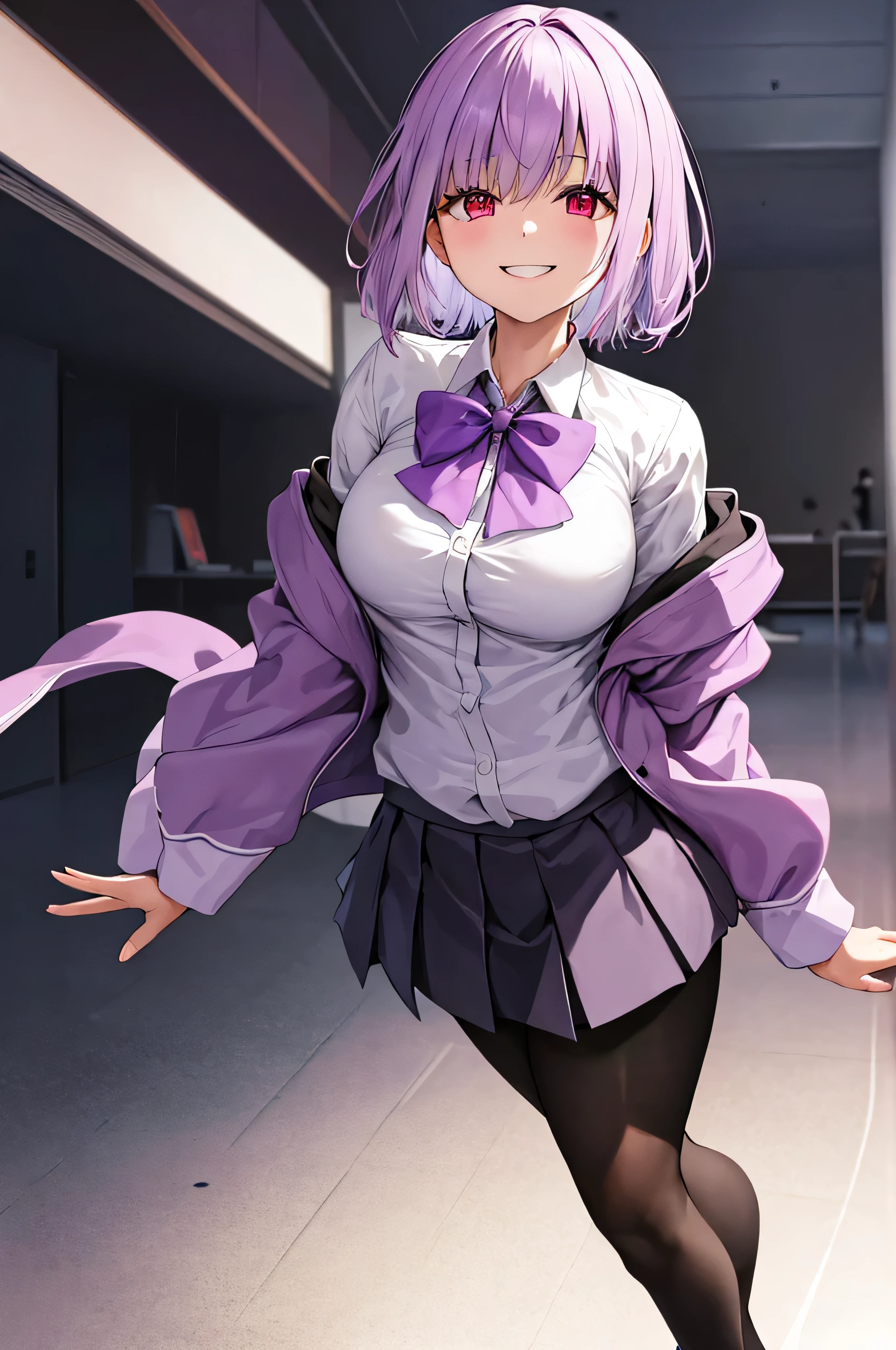 masterpiece, highest quality, High resolution, shinjou akane, One girl, alone, pantyhose, shirt, bow, skirt, purple Jacket, Jacket, white shirt, Long sleeve, short hair, black skirt, collared shirt, black pantyhose, Open clothes, bowtie, purple bow, chest, bangs, Red eyes, pleated skirt, Off the shoulder, open Jacket, Sleeves are longer than the wrist, Light purple hair, purple bowtie, miniskirt, Cowboy Shot,evil smile,smile worst,looking at viewer,laugh worst,evil laugh,shaded face,laugh face,big monster background,horror face,