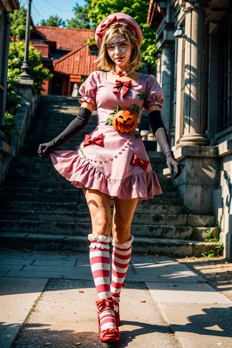 (masterpiece),(best quality), 16k CGI render ((photography)), photorealistic, lambdadelta, dress, shoes bow, red shoes, striped stockings, red bow, pink hat, pumpkin brooch, necklace, gloves, pearl, walking, smile, stairs, temple, mountain, forest, looking at the viewer, close up, pretty face, gorgeous, nice legs,