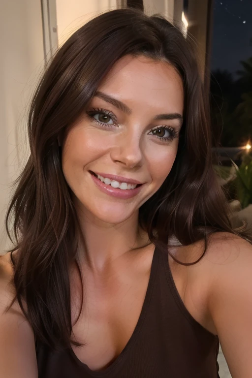 photorealistic, Best quality, super detailed, Femme splendide, Selfie-Photo, Haut du corps, frais, (Nuit), (affectueux, sourire, cheveux longs ouverts (dark brown hair), to l'front two strands left and right, narrow forehead, vingt-quatre ans),Regarder le spectateur,Texture de la peau, grain de film, gros plan et se tient face to la caméra, Très haute résolution, meilleure teinte, blurred background, jogging beige, top blanc, dans sa maison en Allemagne, in her living room furnished by a young woman, regarder la caméra, small golden necklace, bracelet en or, blurred background, .brut, LUT Instagram