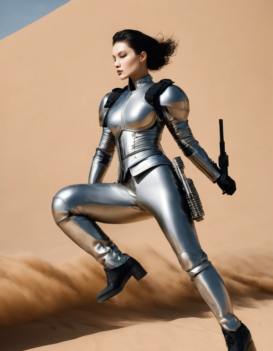 Modern minimalist style，(Avant-garde and elegant tight combat suit：1.3），Fitness female soldier with gun，Serge Lutens is known for his avant-garde elegance。His works continue to transcend the boundaries of traditional aesthetics，Combining elements of surrealism and futurism，While maintaining elegance。This unique combination makes his work both sophisticated and provocative.，Redefining the understanding of beauty and art。