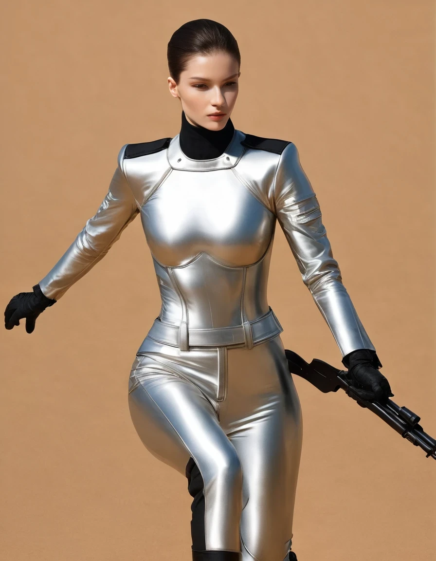 Modern minimalist style，(Avant-garde and elegant tight combat suit：1.3），Fitness female soldier with gun，Serge Lutens is known for his avant-garde elegance。His works continue to transcend the boundaries of traditional aesthetics，Combining elements of surrealism and futurism，While maintaining elegance。This unique combination makes his work both sophisticated and provocative.，Redefining the understanding of beauty and art。