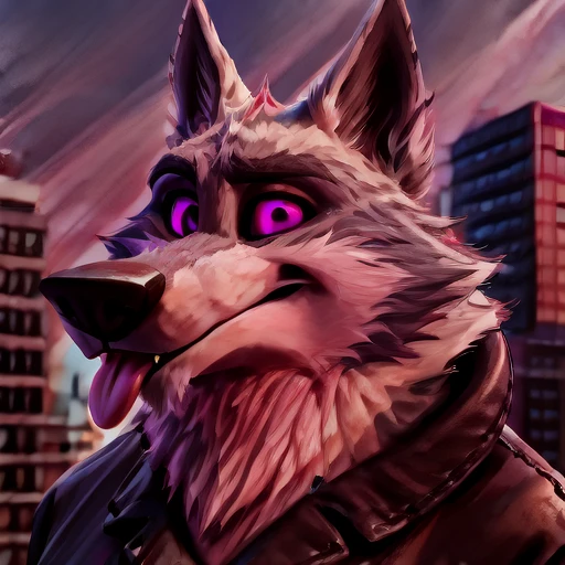 Vortex hellhound, wolf, furry, helluva boss, wearing a (leather jacket), solo, wolf, white fur, tongue out, hypnotized with completely spyral glowing purple eyes with no irises or pupils, BREAK, city background, (intricate, high detail, film photography, soft focus, RAW candid cinema, photorealism, realistic, photorealistic, analog style, subsurface scattering, masterpiece, best quality, ultra realistic, 8k), profile picture, full body image