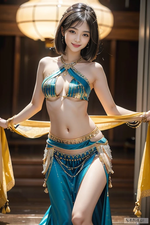(Best quality: 1.5), (Realistic: 1.5), (1 person: 1.5), (Medium shot: 1.5), Highly detailed, High resolution, 8k, (Medium breasts), Natural colored lips, Cute smile, Japanese woman, 20-year-old girl, beautiful and elegant features, perfect and beautiful face, large eyes with good balance between the left and right sides, brunette eyes, beautiful and elegant features, beautiful double eyelids, natural bangs, beautiful thin nose, Beautiful skin, fair skin, (medium bob hair), natural bangs, perfect and beautiful face, slim face, slim body, slim hips, slim waist, (looks at the camera with a sweet smile), ((professional lighting)), forward lighting, best lighting, (sexy Belly Dance:1.3), (belly dancer), (nightclubs), party, Dancing girl, slender girl, Luxury belly dance costumes,
