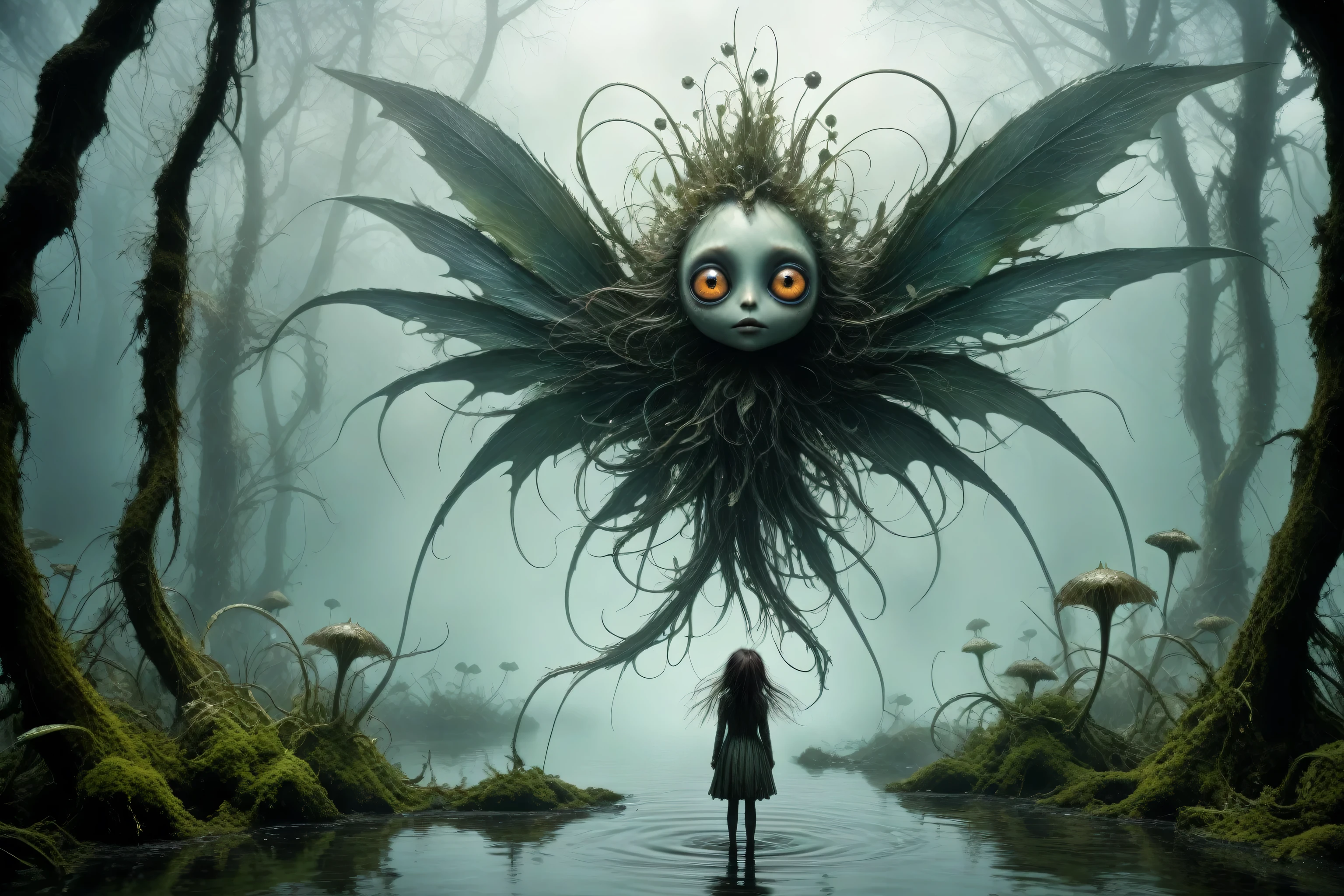 a graphite copper plant Norse ,made of dead plants,a girl made of plants of Silent Hill, atmosphere with backlit,forest city chinesse pixie,A charming and fascinating creature with otherworldly forms that blend the best aspects of the monster human form and the innocent charm of a precocious , once pretty, wings, (best quality: 1.4), (masterpiece: 1.2), detailed, complex, high resolution, iridescent colors, texture, complex, gorgeous, 3D, highly detailed, (Professional photography, extremely detailed),Tim Burton, Dale Chihuly, Bruce Zheng, extremely detailed, high detailed eyes,8k resolution,RAW,retina, Nikon Z9,Nicola Samori, Sergey Zabelin,Aerith Gainsborough,pale demon woman crawling out,  a foggy marsh on background, horror movie, cinematic look, creepy aesthetic, ultra detailed, photorealistic, masterpiece.
