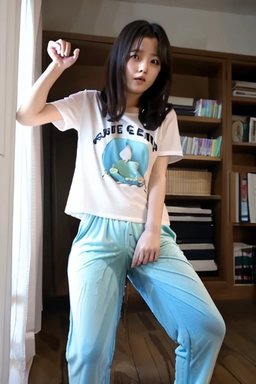 Japanese Girl thin body wearing a white short-sleeved t-shirt sees the ghost and pees her light blue loose pajama pants until his pants are wet pants in fright.