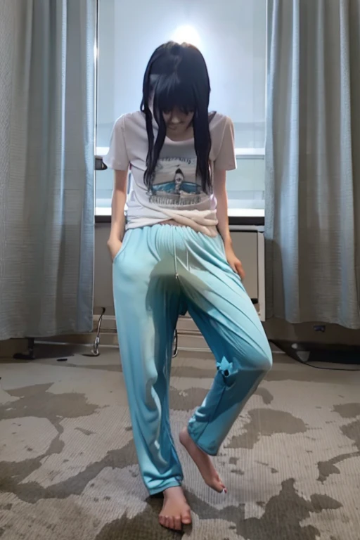 Japanese Girl thin body wearing a white short-sleeved t-shirt sees the ghost and pees her light blue loose pajama pants until his pants are wet pants in fright.