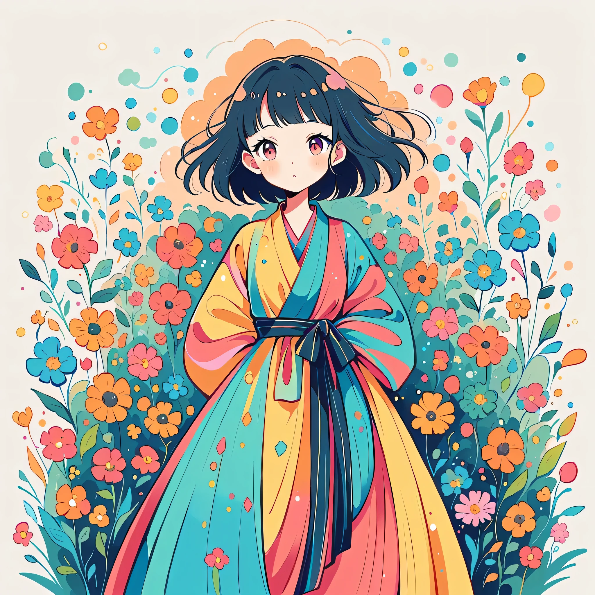 Watase Seizo style, Standing in front of a high wall，Simple Line Initialism，Abstract art，Urban Background, (((The most beautiful girl))), colorful flowers