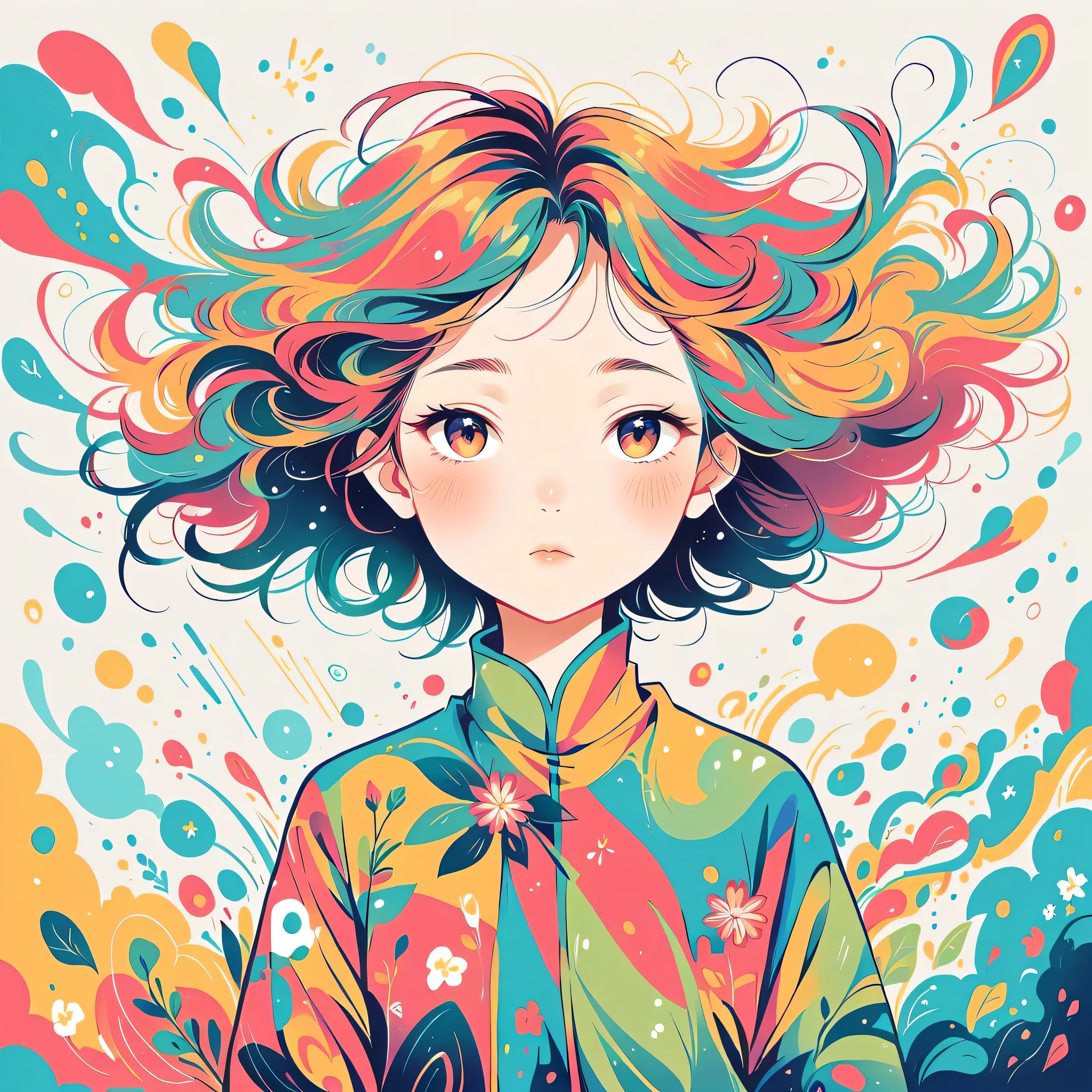 Watase Seizo style, Standing in front of a high wall,Simple Line Initialism,Abstract art,Urban Background, (((The most beautiful girl))), colorful flowers