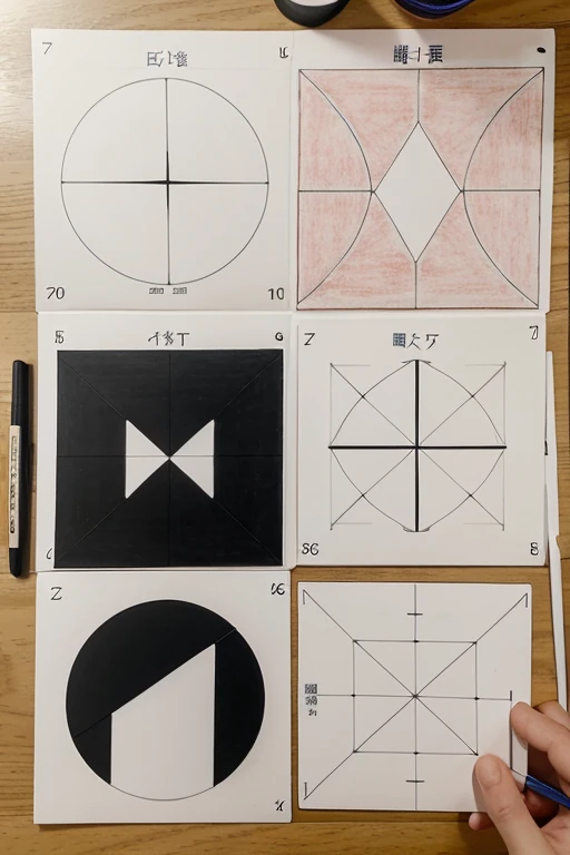 Make Symmetry、balanced、rhythm、Experiment in the beauty of rhythm。
Require：
1.On the square bottom，Use the simplest lines or color blocks to design，Do not specify a combination method。
2.Collage or pattern drawing using single or multi-colored lined paper。
3.按Require完成9幅6cm×6cm的实验。